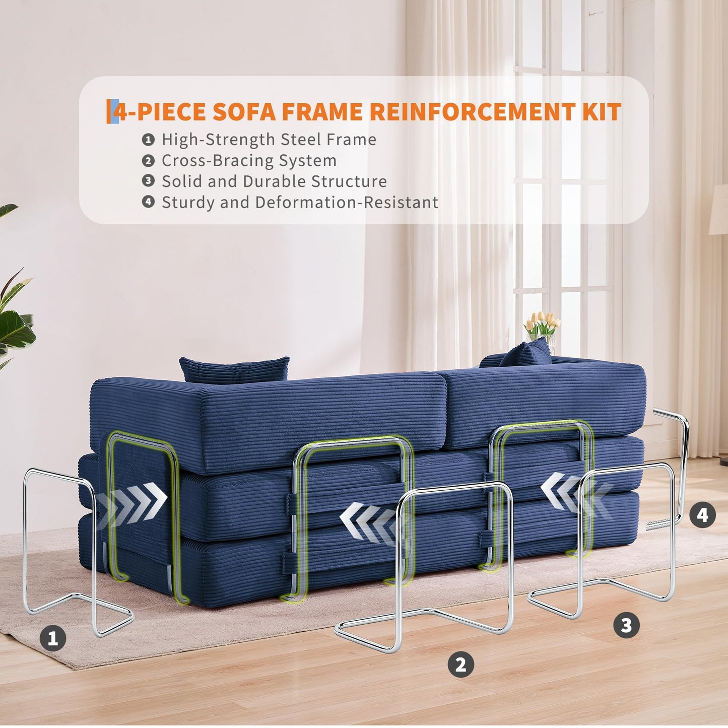 GarveeLife 78.8" Modular Corduroy Sofa Bed,5 in 1 Convertible Futon Floor Couch with Pull-Out Sleeper,Multi-Functional Futon for Living Room Guest Room & Small Spaces