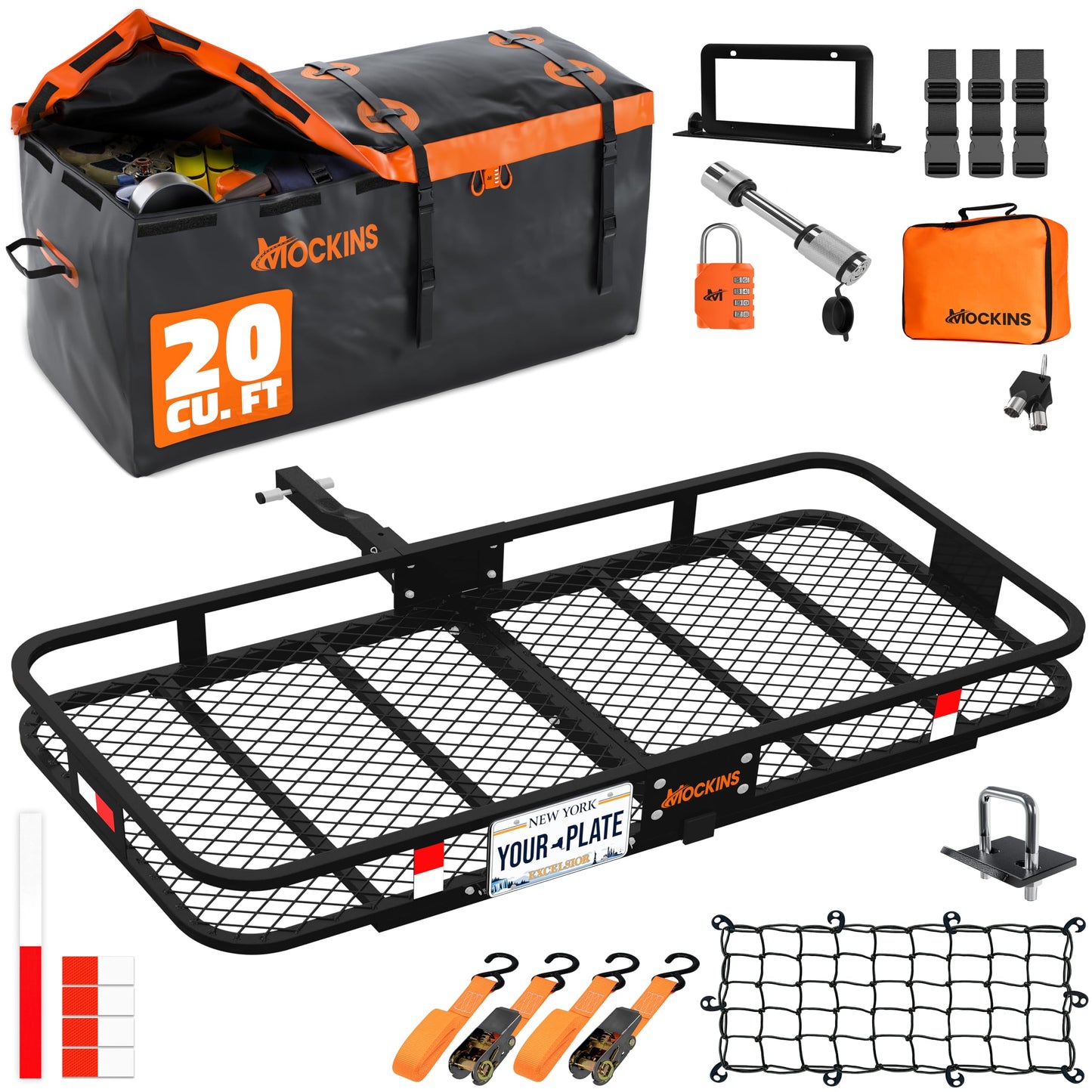 Mockins 60"x20"x6" Folding Luggage Rack for Car Hitch & 20 Cu Ft Waterproof Cargo Bag | 500 lbs Cap Steel Trailer Hitch Cargo Carrier for 2" Receivers w/License Plate Holder, Stabilizer, Net & Straps