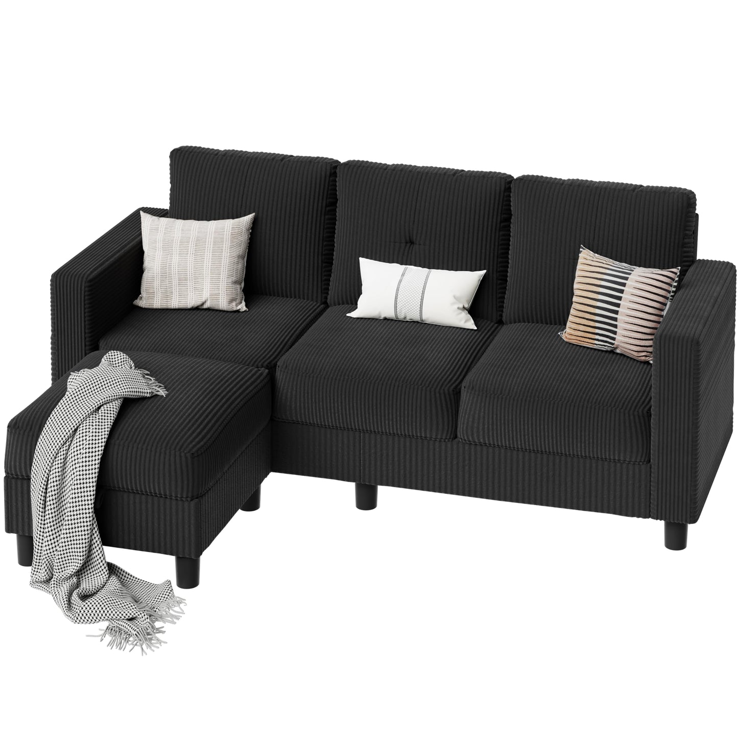 SUNLEI Convertible Sectional Couch Sofa for Small Spaces, L Shaped Modular Sofa with Removable Ottoman Storage, 3 Seat Modern Small Couches for Living Room in Apartment, Jet Black