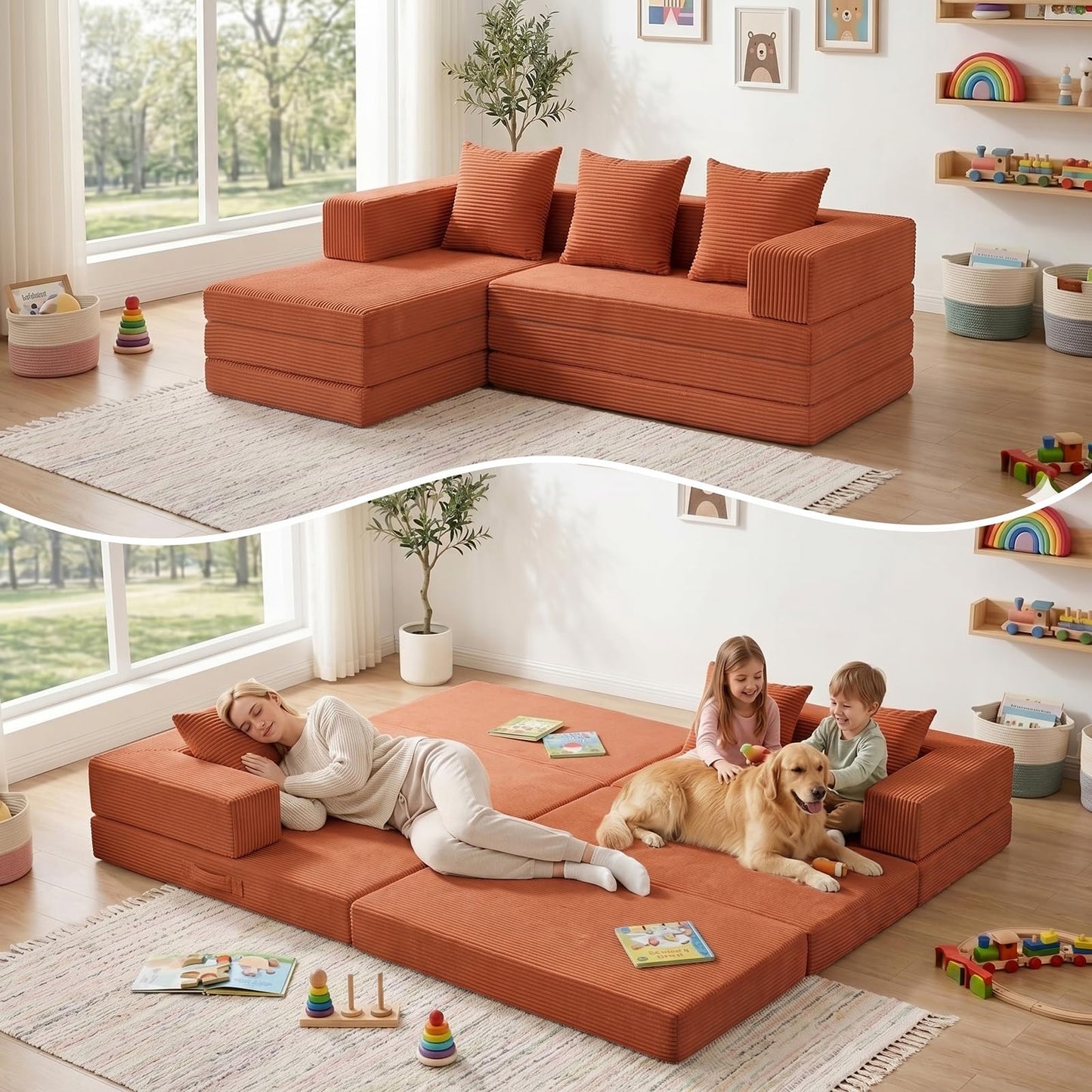 65" Modular Sectional Sofa, Boneless Convertible Sleeper Sofa Bed, Modern Tri-Folding Cloud Couch with L-Shape Chaise, Corduroy Futon Couches for Living Room Small Spaces Apartment,No Assembly, Orange