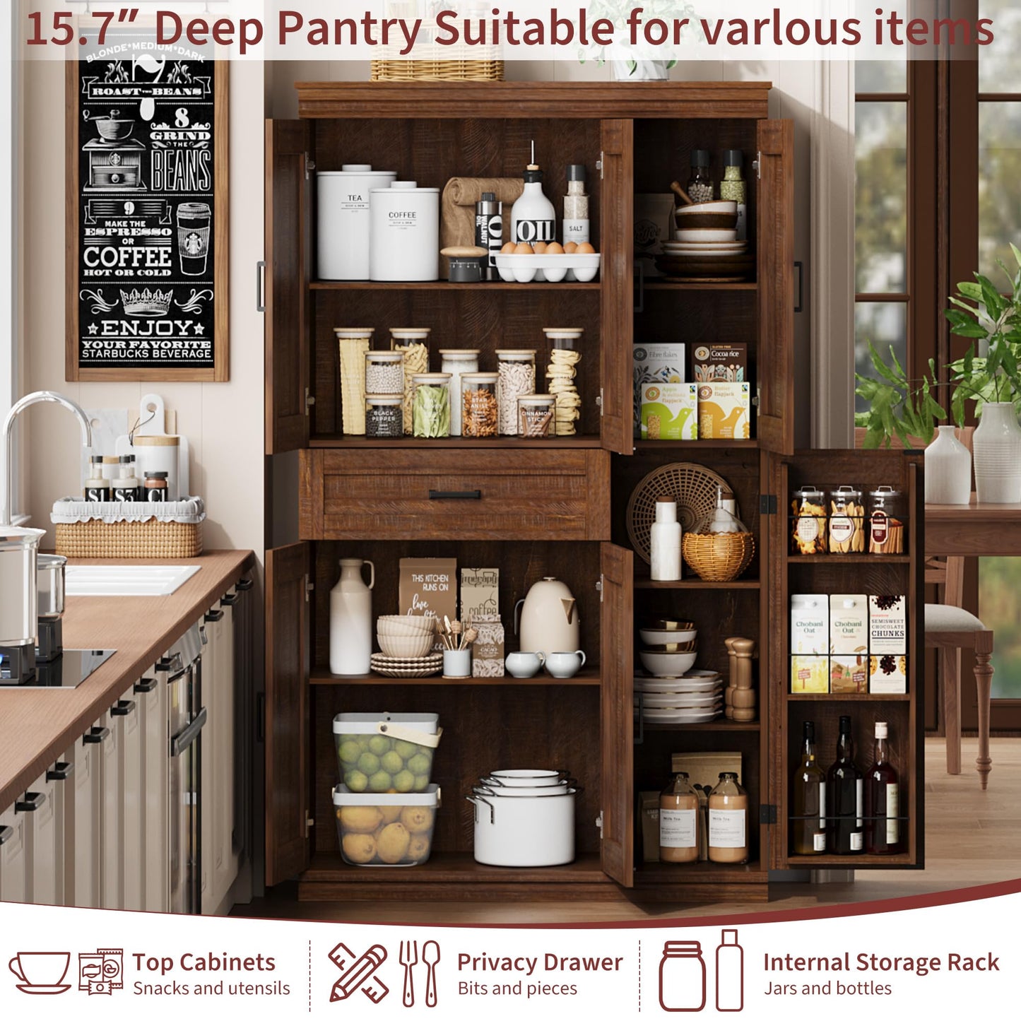 Garvee 70" Tall Kitchen Pantry Storage Cabinet, Modern Kitchen Hutch Cabinet with Doors and Shelves, Freestanding Food Pantry with Large Storage Drawer for Dining Room and Household Organization