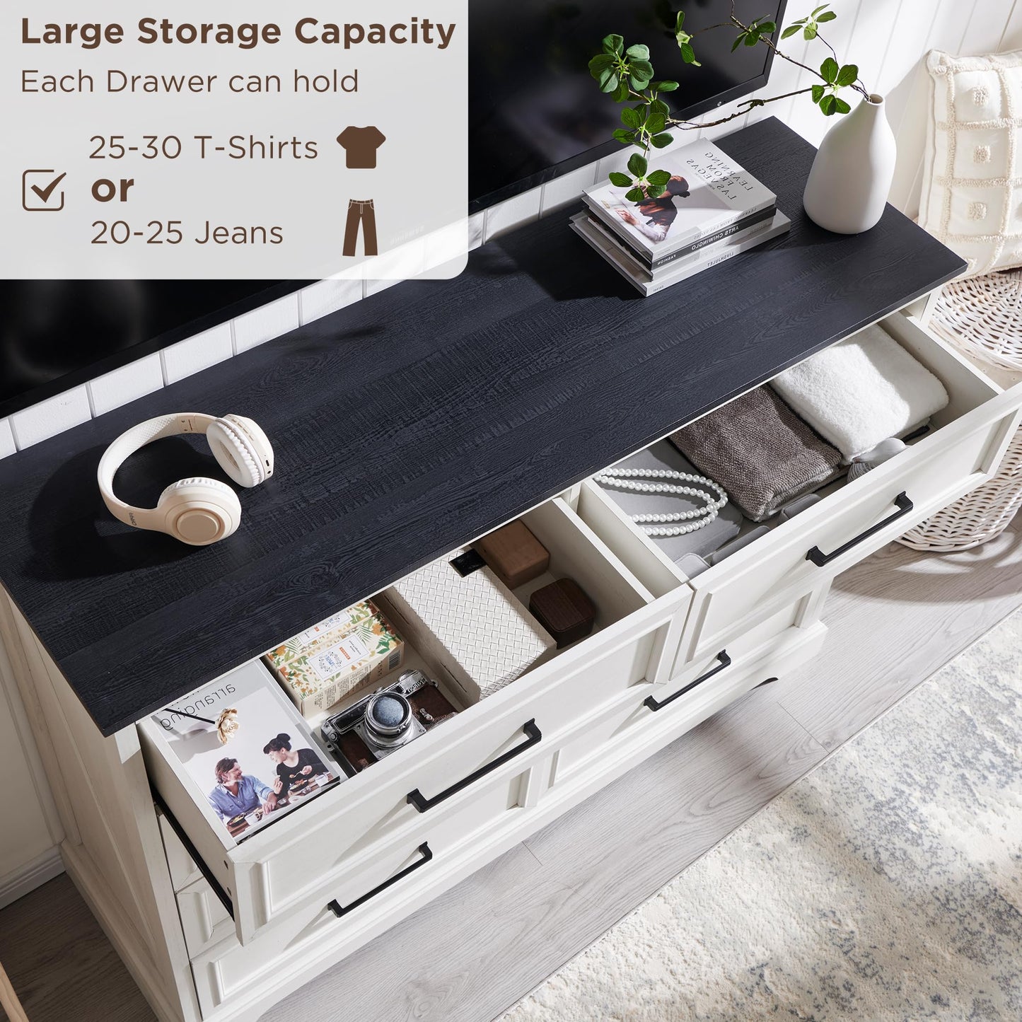 ACCOHOHO Farmhouse 8 Drawers Dresser Chests for Bedroom,52" Wide Wood Rustic Chest of Drawers with Metal Handle,Natural Texture,Drawer Organizer for Bedroom,Living Room,Hallway Entryway,Antique White