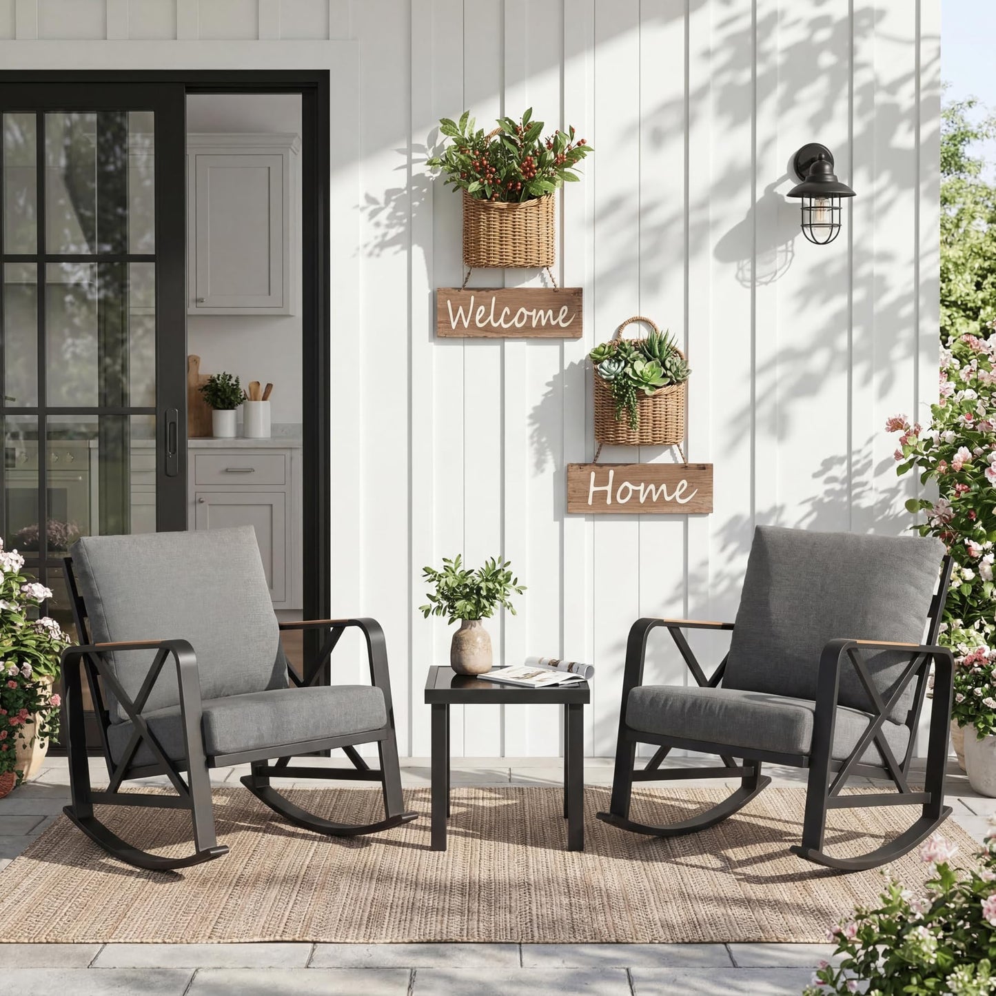 Tribesigns Outdoor Rocking Chair Set, Patio Furniture Sets, Waterproof Rocking Chair with Thick Cushion, Metal Rocker for Balcony (Grey, 3PCS Rocking Bistro Set)