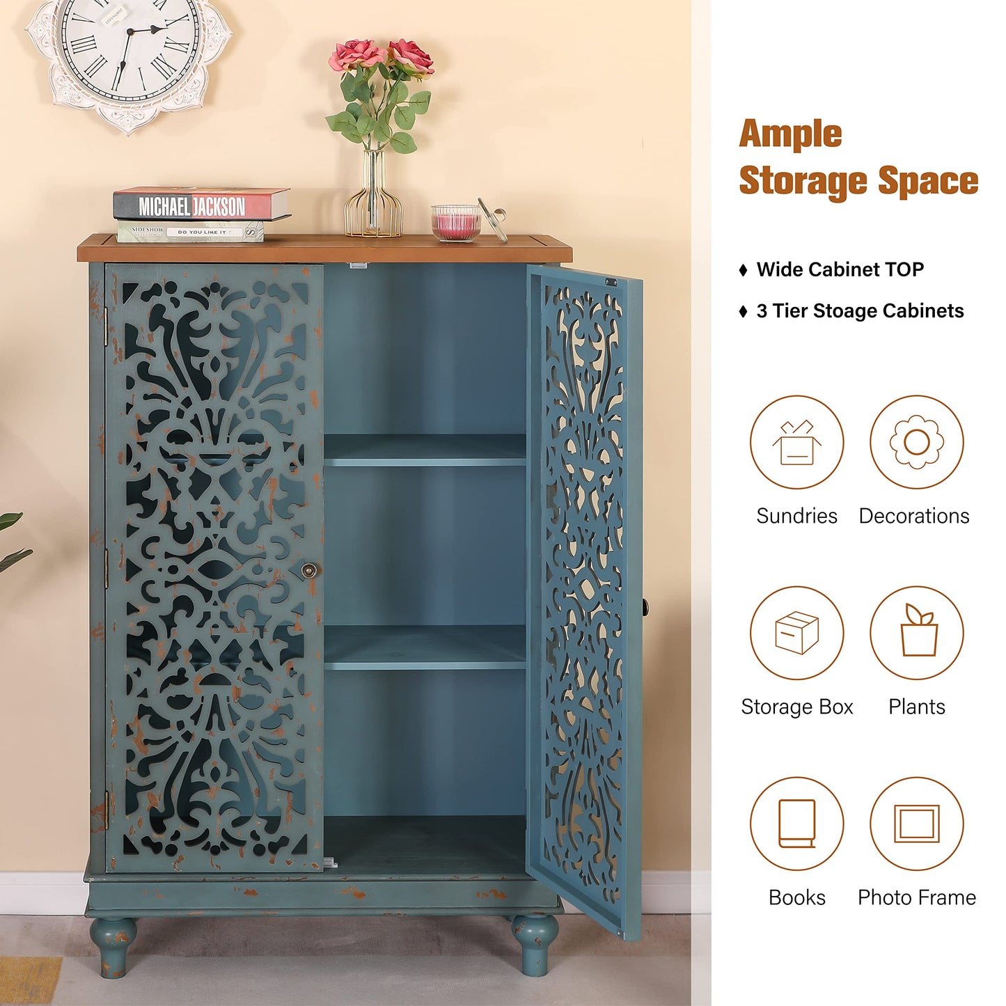 PHI VILLA Tall Accent Cabinet with Doors - Credenza for Living Room Farmhouse Storage Cabinet with Hollow Carved Door, 2 Door Accent Cabinets