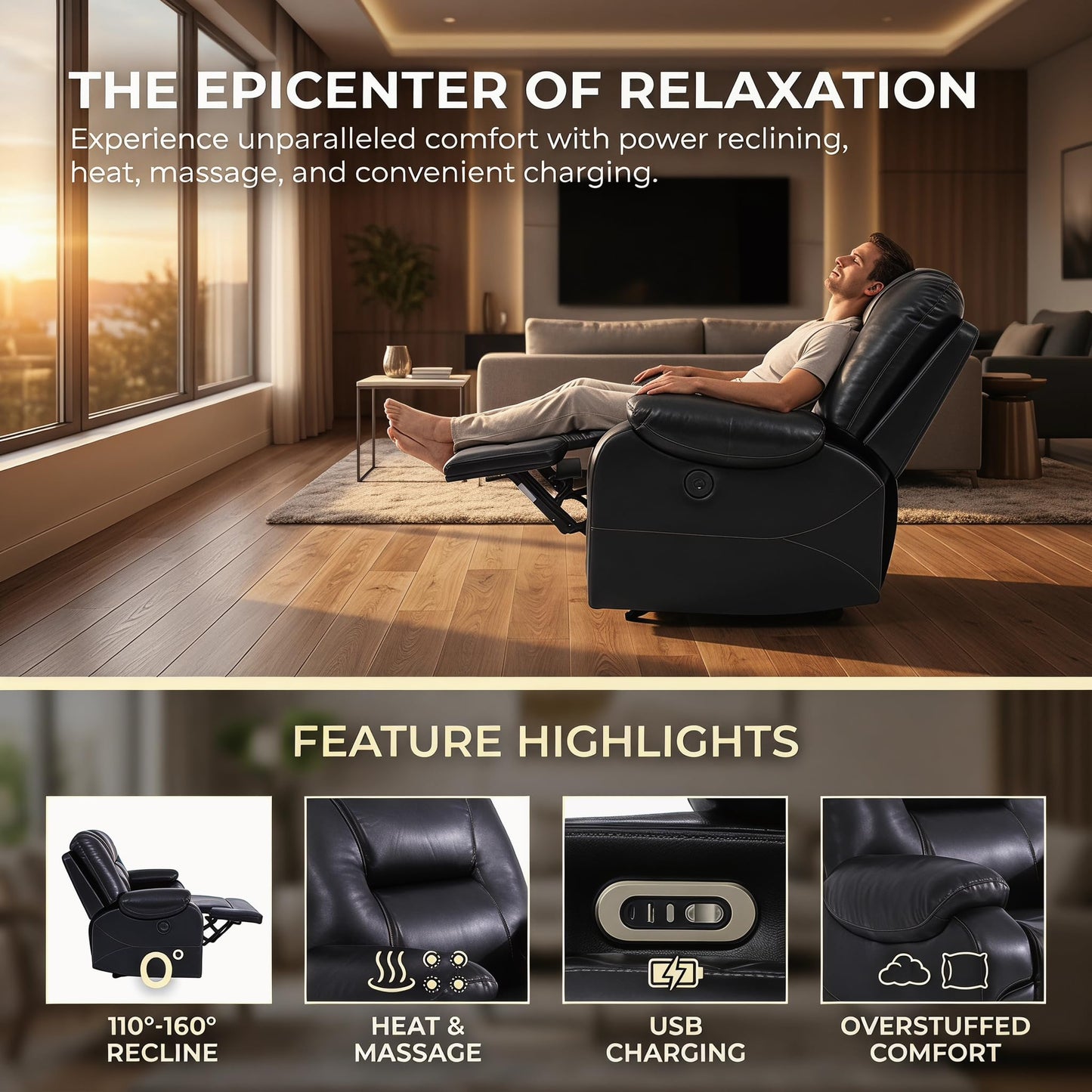 Trygoal Power Reclining Chair, Single Electric Recliner Furniture with USB Charging Port, Breathable PU Leather Recliners for Home Theater Seating, Living Room, Apartment, Black