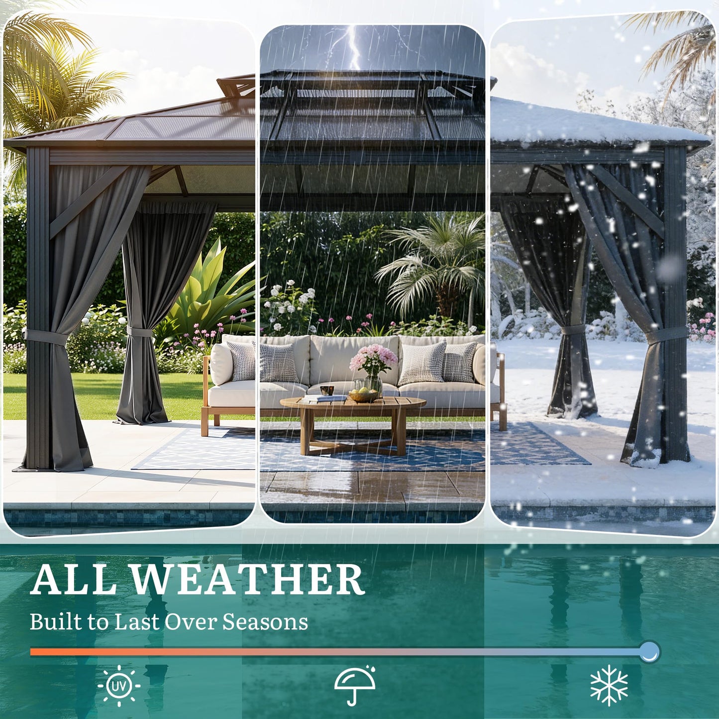 YITAHOME 10X12FT Polycarbonate Gazebo Outdoor Patio Double Top Canopy Galvanized Iron Garden Tent Curtains Netting for Backyards Decks Lawns,Gray
