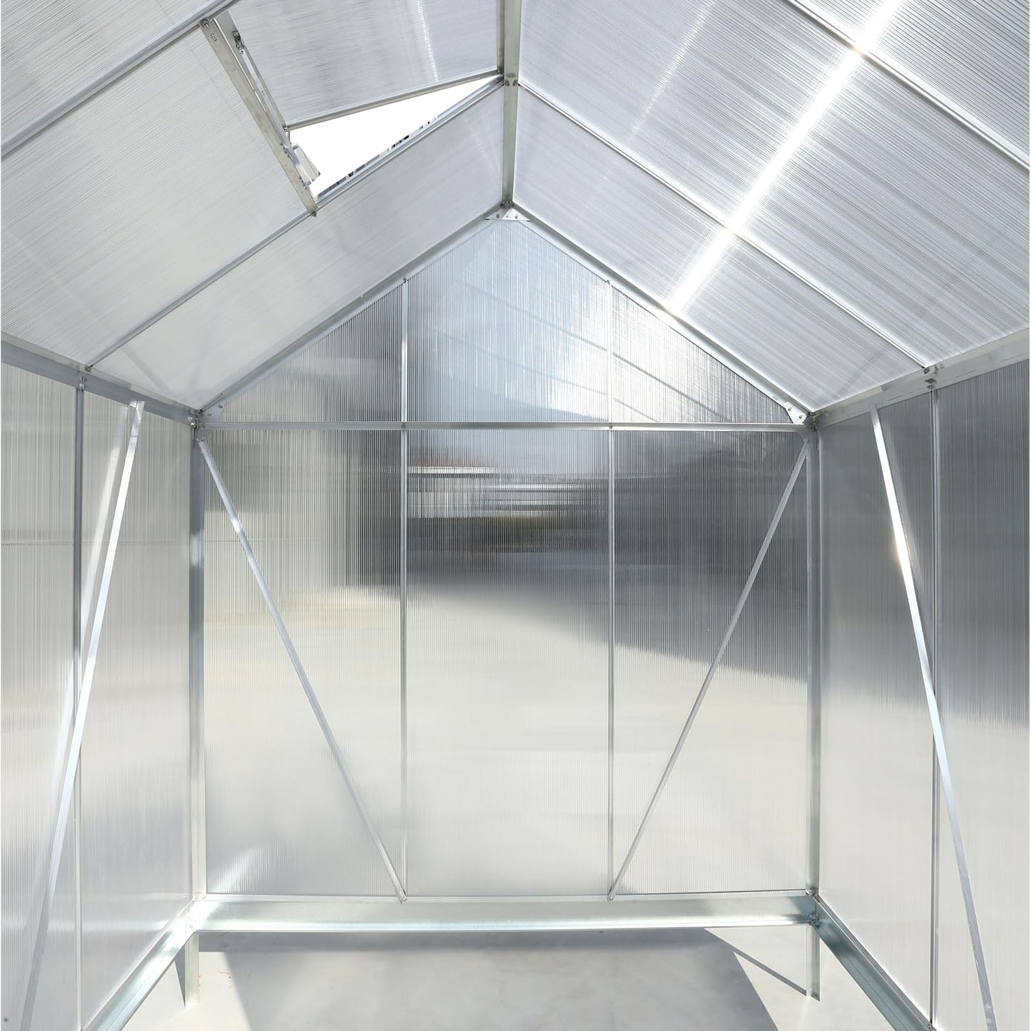 KEIKI 6.3x6.2FT Polycarbonate Greenhouse Walk-in Heavy Duty Outdoor with Aluminum Frame, Clear Panels, Rain Gutter, Adjustable Vent, Sliding Door for Backyard Nursery, UV Safe, Silver