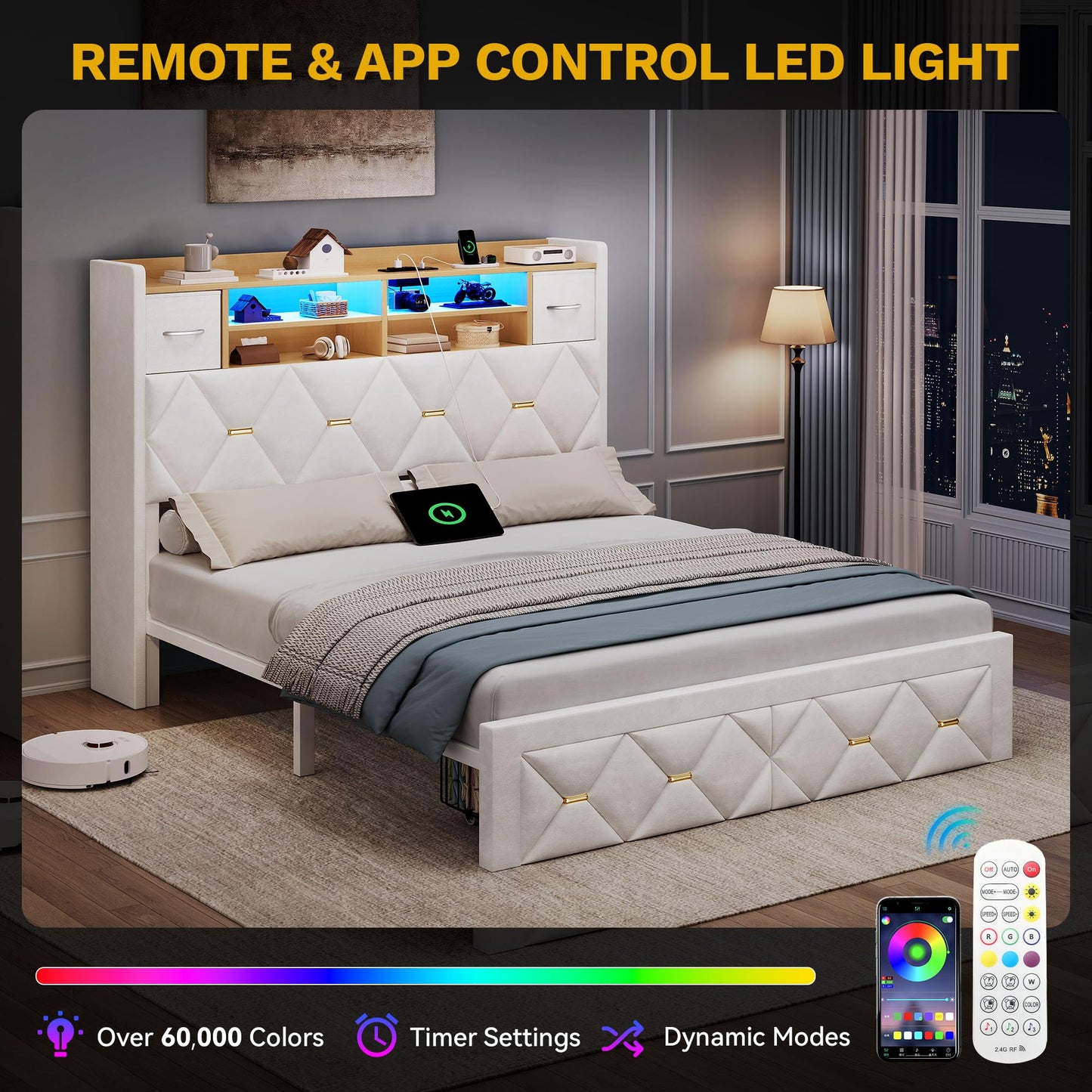 DWVO Full Size Bed Frame with 2 Storage Drawers and Storage Headboard, Upholstered Platform with Charging Station and LED Light, No Box Spring Needed, Noise Free, Easy Assembly, Velvet White