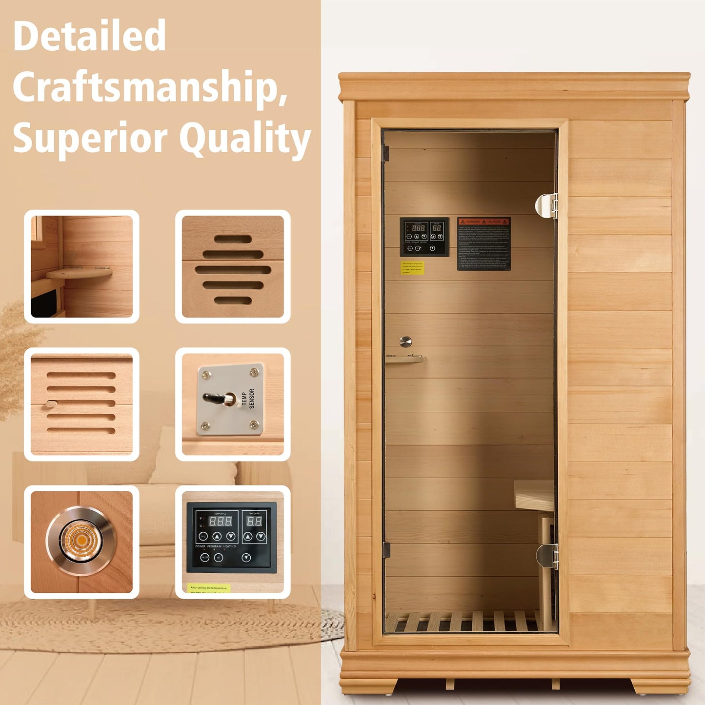Royal Sauna Infrared Sauna 1 Person, Infrared Saunas for Home, 960W/120V Hemlock Wood Dry Sauna with Foot Warmer, Reading Light, 2 BT Speakers & LCD Control Panel, 61.34"x35.24"x27.56"