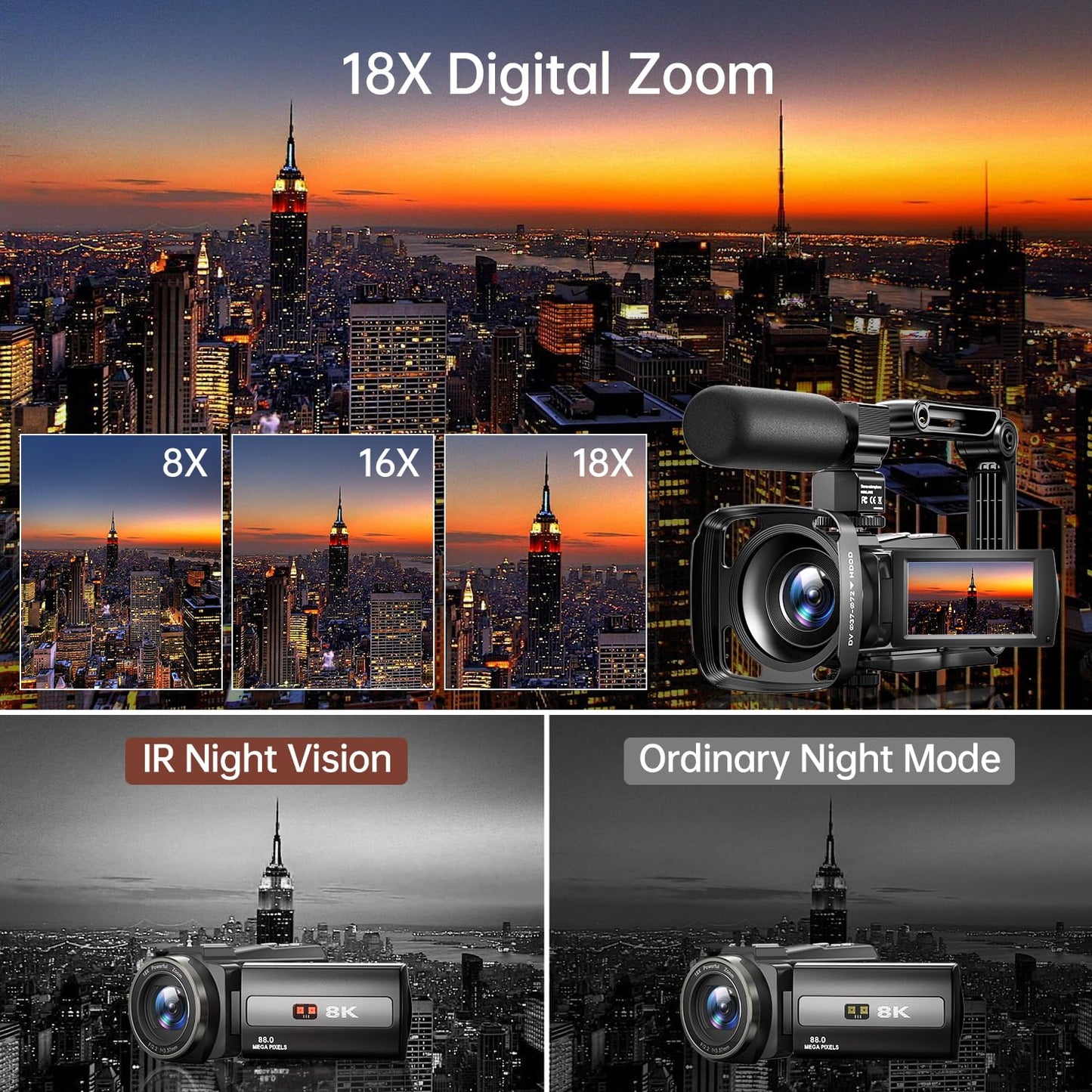 FlyFrost 8K Video Camera 88MP UHD WiFi Vlogging Cameras for YouTube 18X Digital Zoom IR Night Vision 3.0'' Touch Screen Camcorder with Microphone, Lens Hood, Stabilizer, Remote, Two Batteries