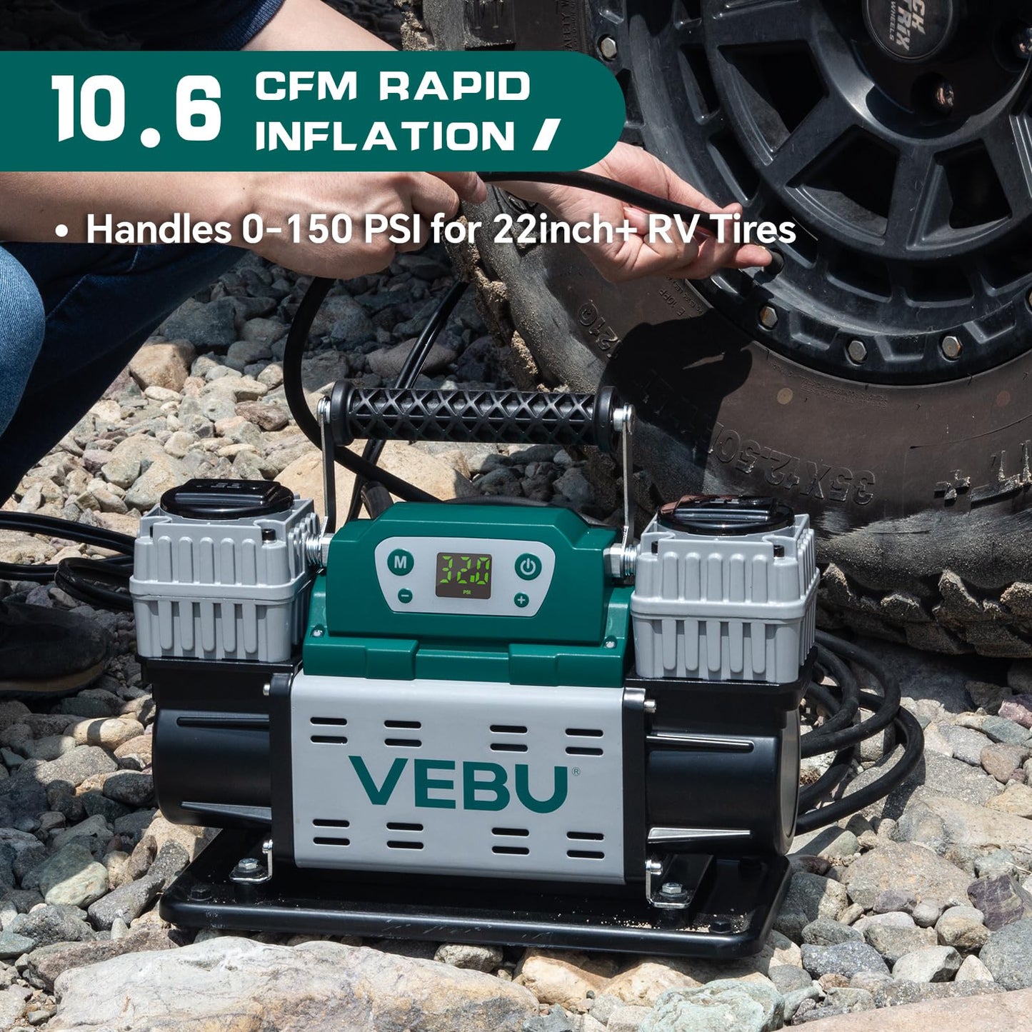 VEBU ‌Off-road Air Compressor 12V Tire Inflator, 150PSI with Auto Shut Off, Digital Display & Preset, 10.6CFM Fast Inflation for Off-road Vehicles, Trucks, SUVs, RVs, ATVs