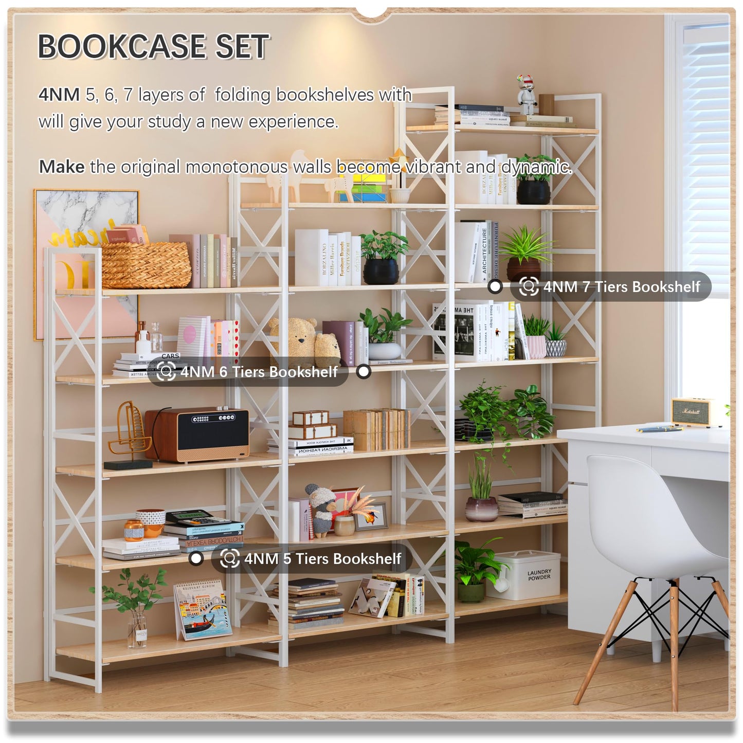 4NM 7 Tiers No Assembly Book Shelves, 72.4" H Folding Bookshelf Bookcase Open Industrial Foldable Shelves for Bedroom, Living Room, Home Office - Natural White