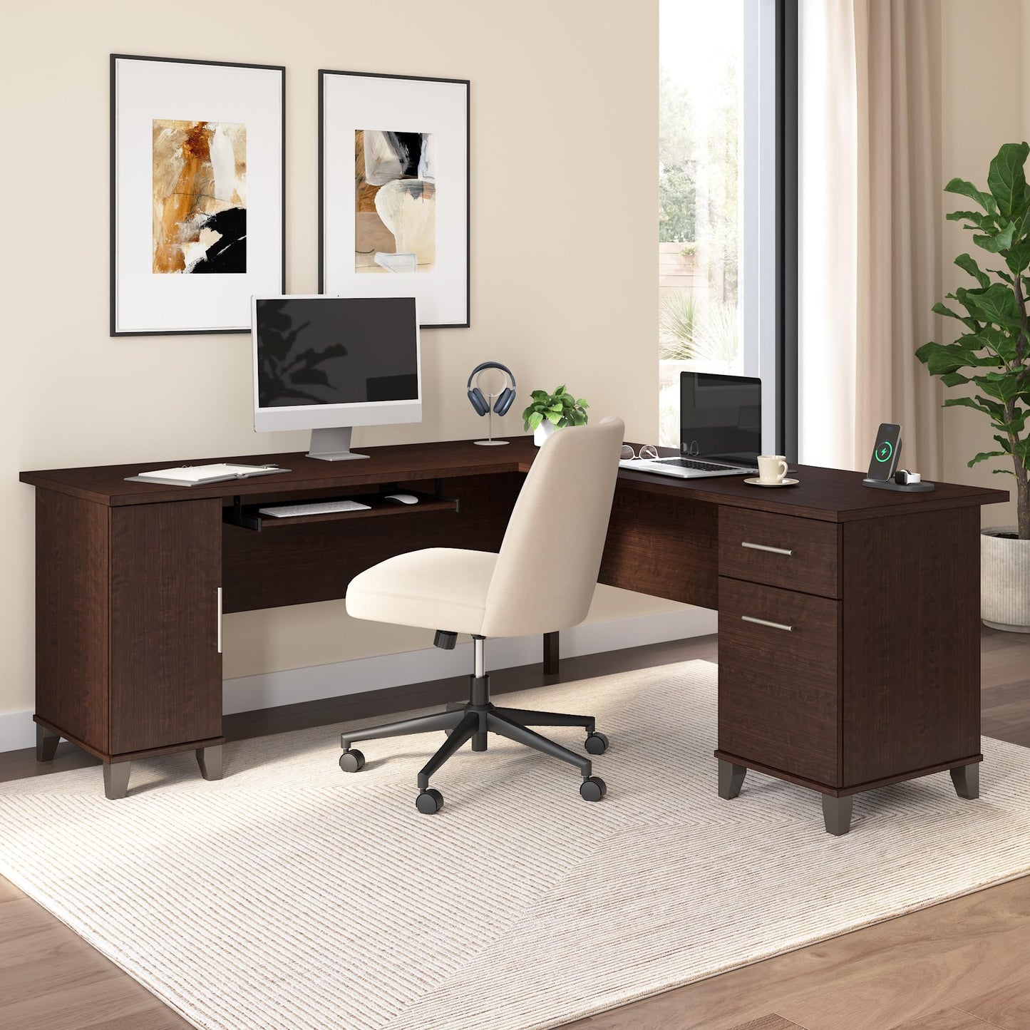 Bush Home 72-Inch L-Shaped Desk with Storage, Corner Computer Office Desk with File and Box Drawers, Home Office Workstation with Storage Cabinet, Somerset Collection, Mocha Cherry