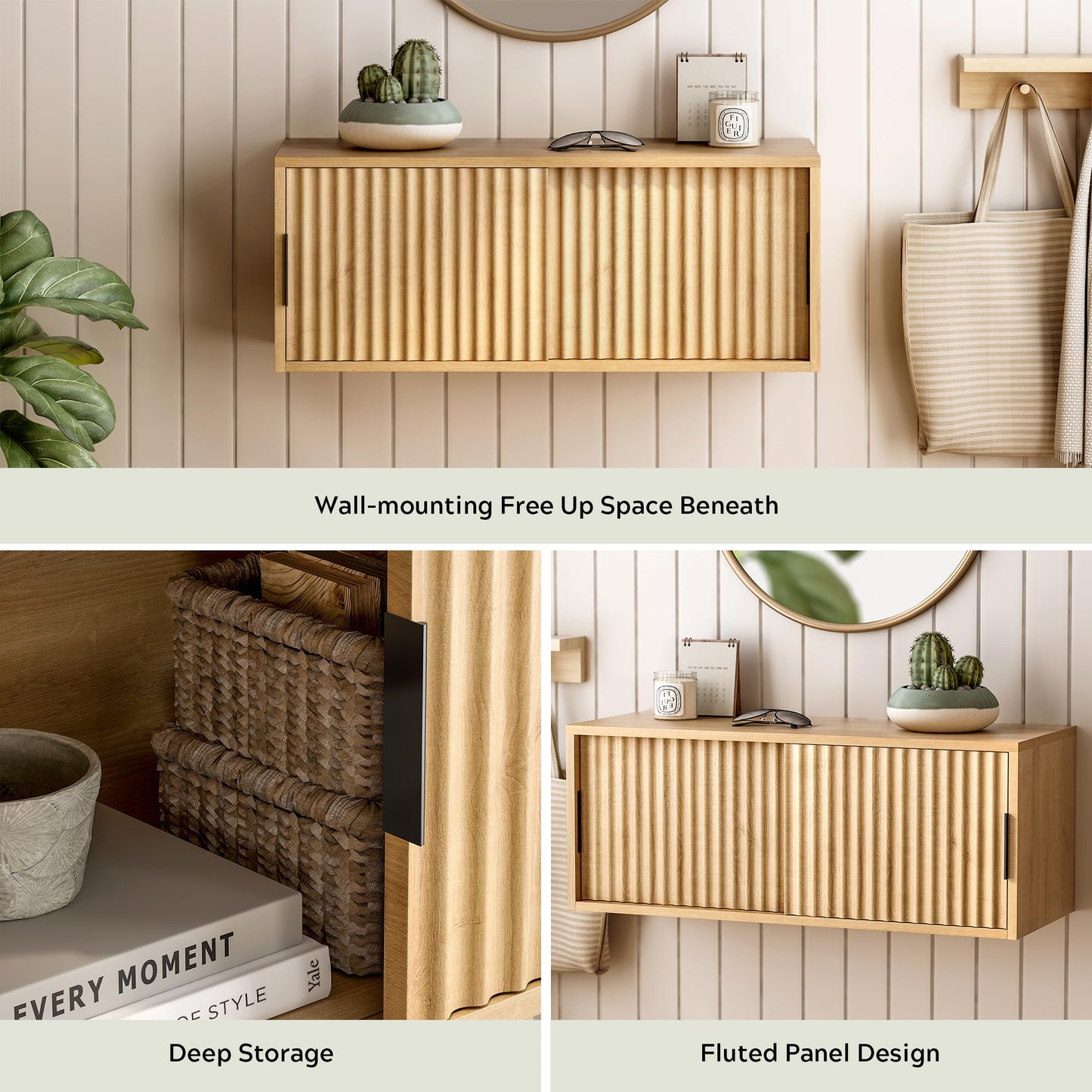 EYYTHUNG Floating TV Stands Set of 2, Modern Fluted Large Floating Nightstand Wall Mounted Bedside Cabinet with Sliding Doors for Bathroom, Living Room, Bedroom, Natural Oak