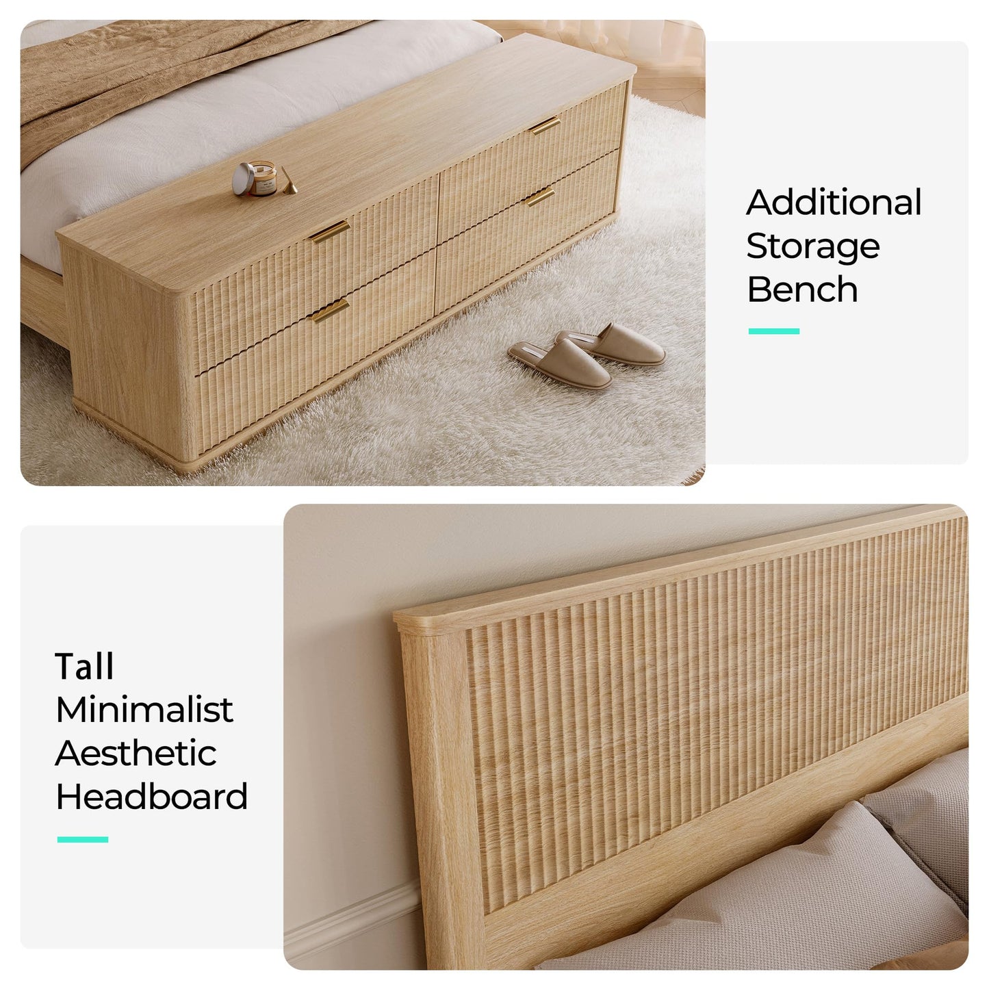 LINSY Storage Bed Frame Queen Bedframe with Drawers, Tall Bed Frame Queen-Size with Headboard and Footboard Bench, Fluted Boho Bed Frames Wooden Platform Beds with Storage, No Box Spring, Light Wood