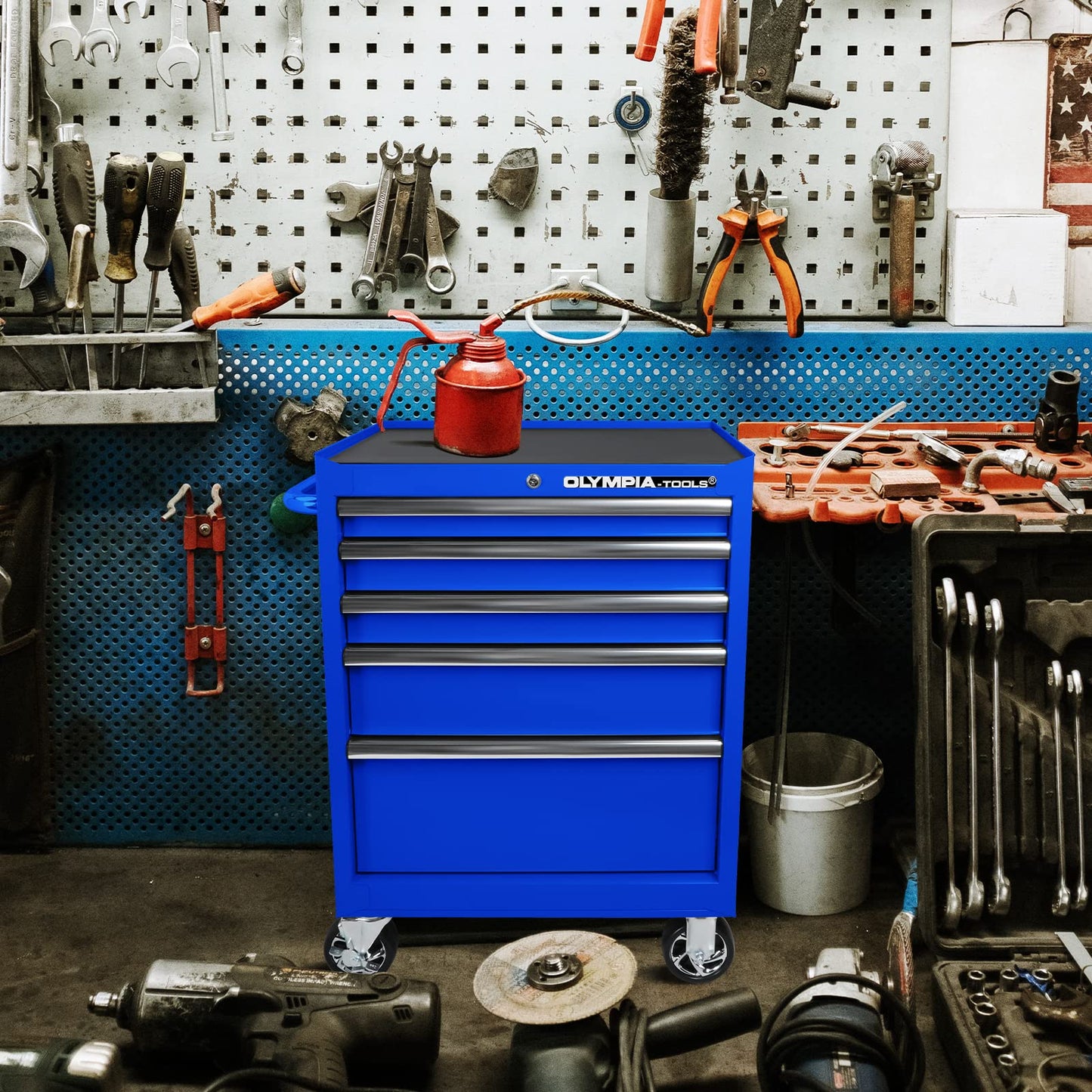 Olympia Tools 5-Drawer Tool Chest, 27-Inch Rolling Metal Tool Storage Cabinet with Casters, Locking System, Drawer Liner, 600 lbs Load Capacity, Blue