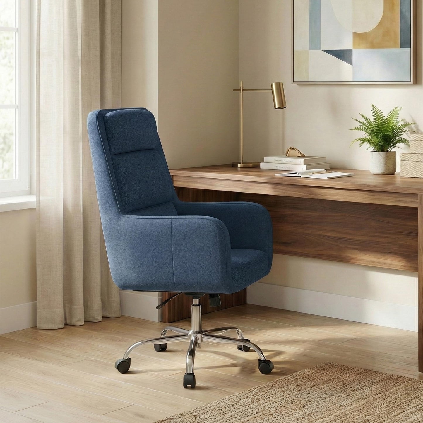 COLAMY Cocoon Modern Executive High Back Home Office Chair, Upholstered Desk Chair with Wheels, Vanity Chair with Head and Lumbar Support, Armrest (Beige)