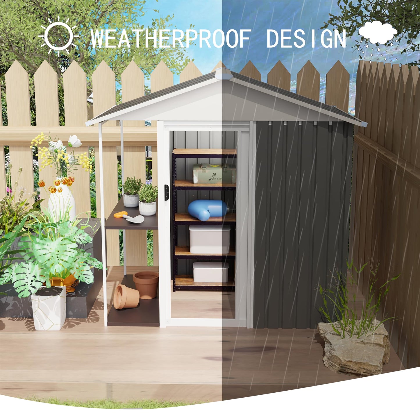 KEIKI 6x4 FT Outdoor Storage Shed with Rack, Metal Garden Shed with Storage Shelves, Bike Storage Tool Cabinet Box for Lawn, Backyard, Patio