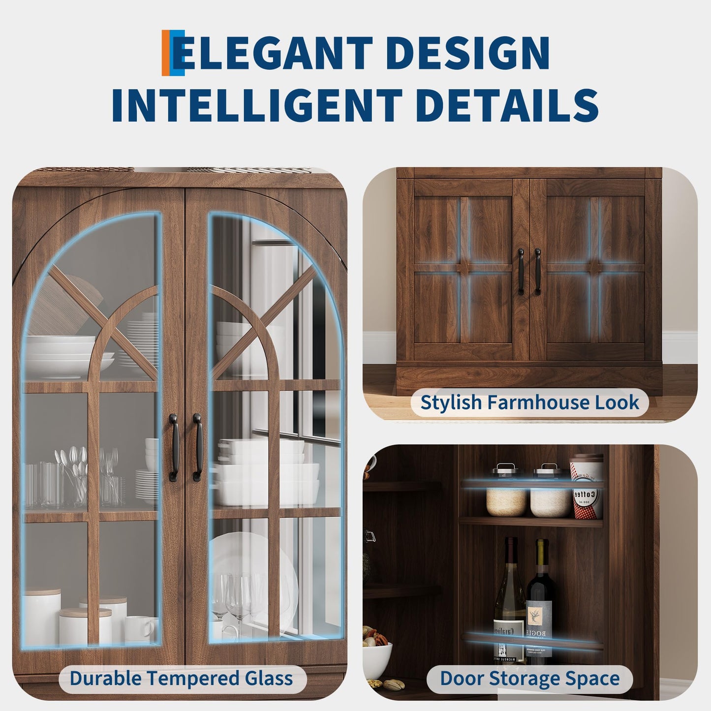 Garvee Farmhouse Pantry Cabinet, 71.9" Tall Freestanding Kitchen Cabinet with Tempered Glass Doors& Anti-Tip Design for Kitchen, Dining Room & Living Room,Retro Brown