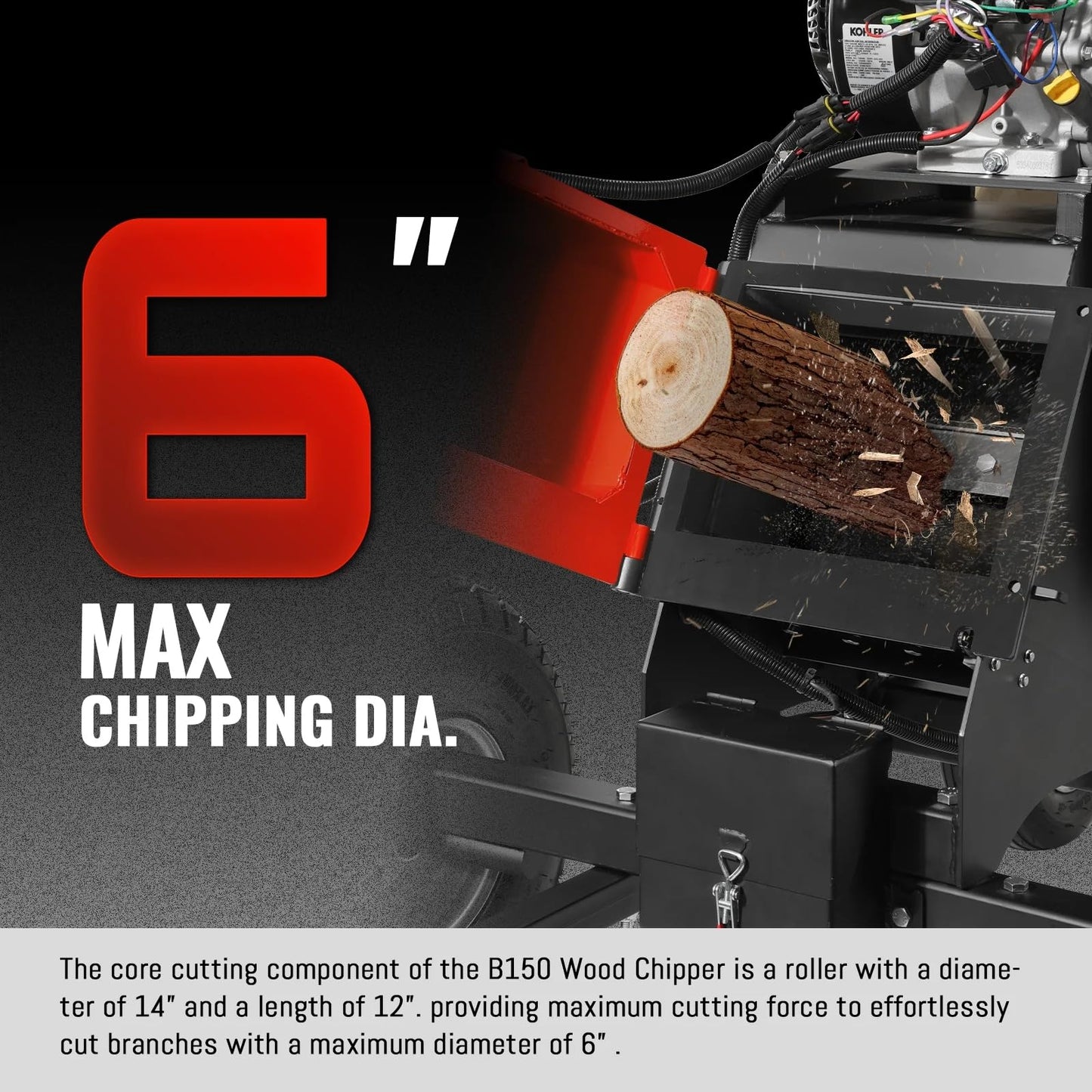MechMaxx 6 inch Kohler 429cc 14hp Electric Start Gas Powered 4-Wheels Wood Chipper Shredder Mulcher with Towbar, Tail Light, Emergency Stop Button&Stop Bar, Model B150 Red