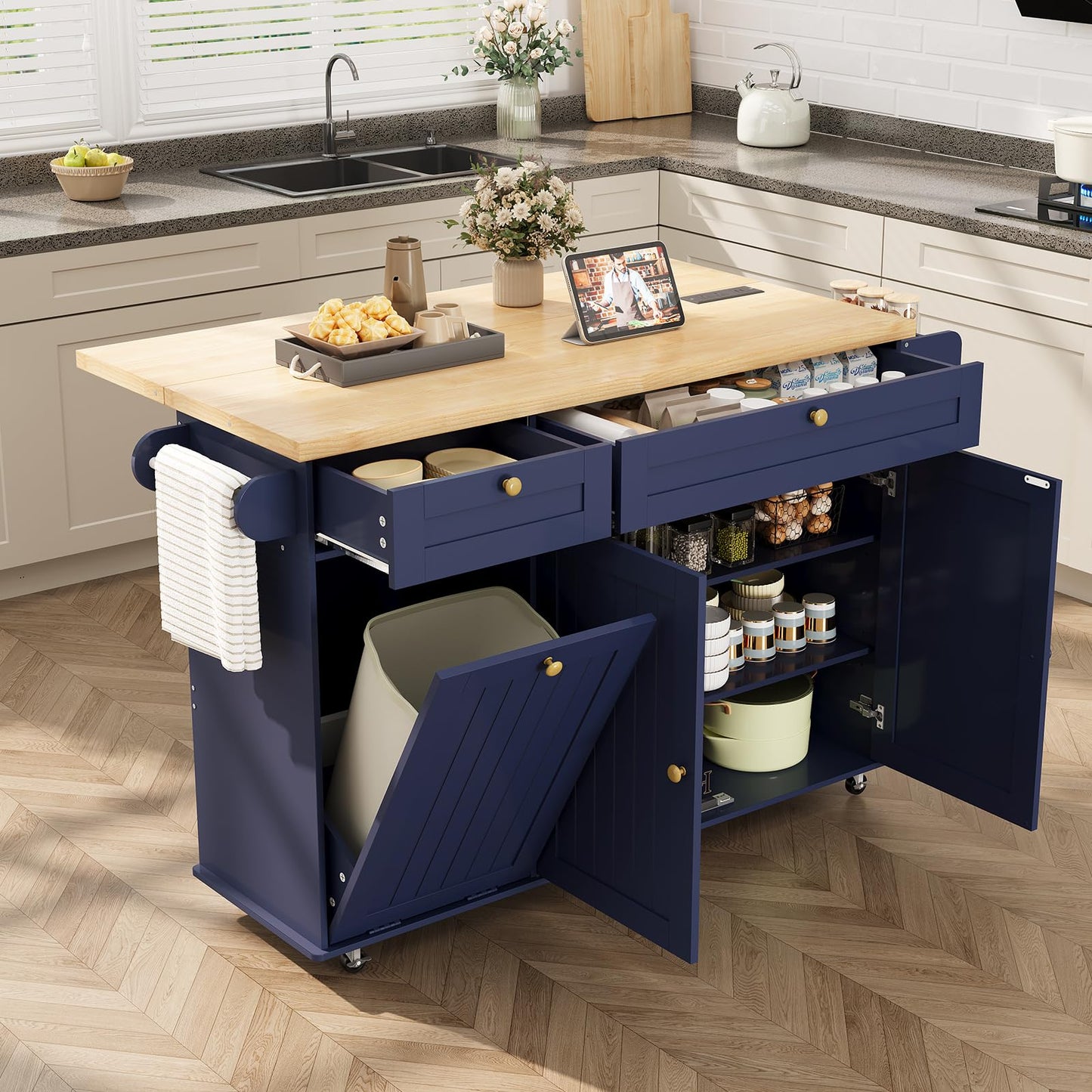 ComfyCorner 60" Rolling Large Kitchen Island on Wheels with Extendable Table, Drop Leaf & Power Outlet, Mobile Kitchen Cart with Storage Cabinet, 2 Drawers, Spice Rack, Towel & Knife Holder, Blue