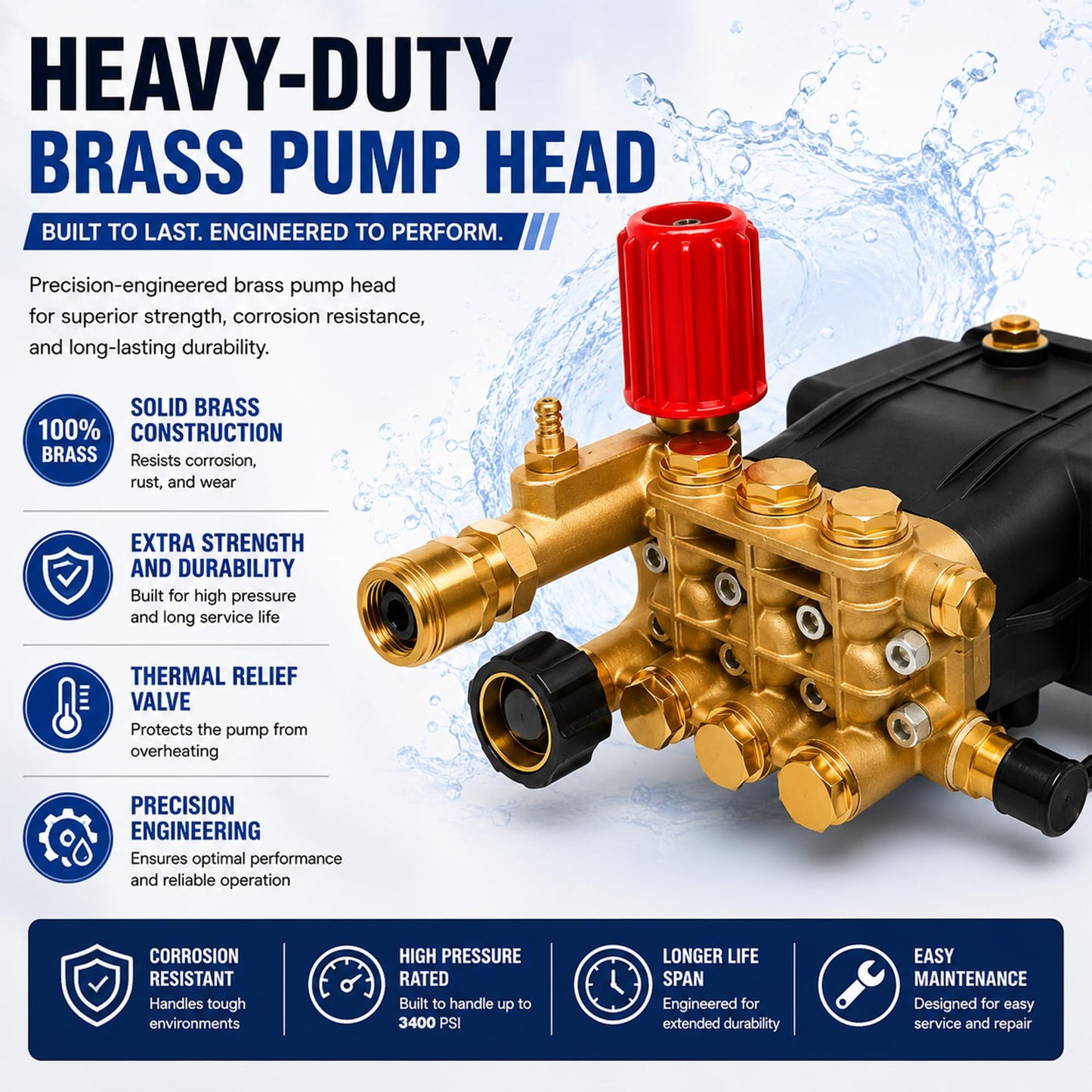 3400 PSI Triplex Pressure Washer Pump, 3/4" Shaft Crankshaft Pump