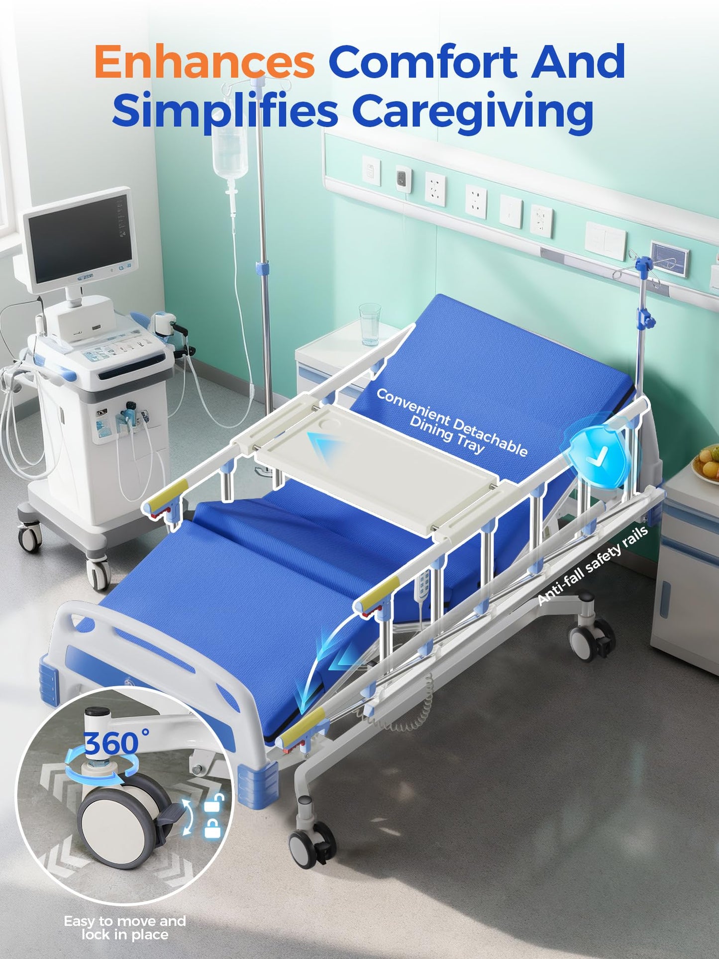DAHAIY 3 Function 600LBS Full Electric Hospital Bed, Beds for Home Use, Medical Bed for Seniors with Mattress, Adjustable Hospital, Frame, Medical Equipment, Special Needs Beds, IV Pole,