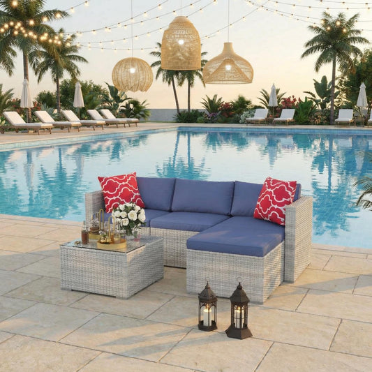 5-Piece Patio Sectional Sofa Set, All-Weather Brown PE Rattan Outdoor Conversation Furniture with Neutral-Tone Cushions, Glass Coffee Table & Footstool, Modular Design for Garden, Porch, Balcony, Pool