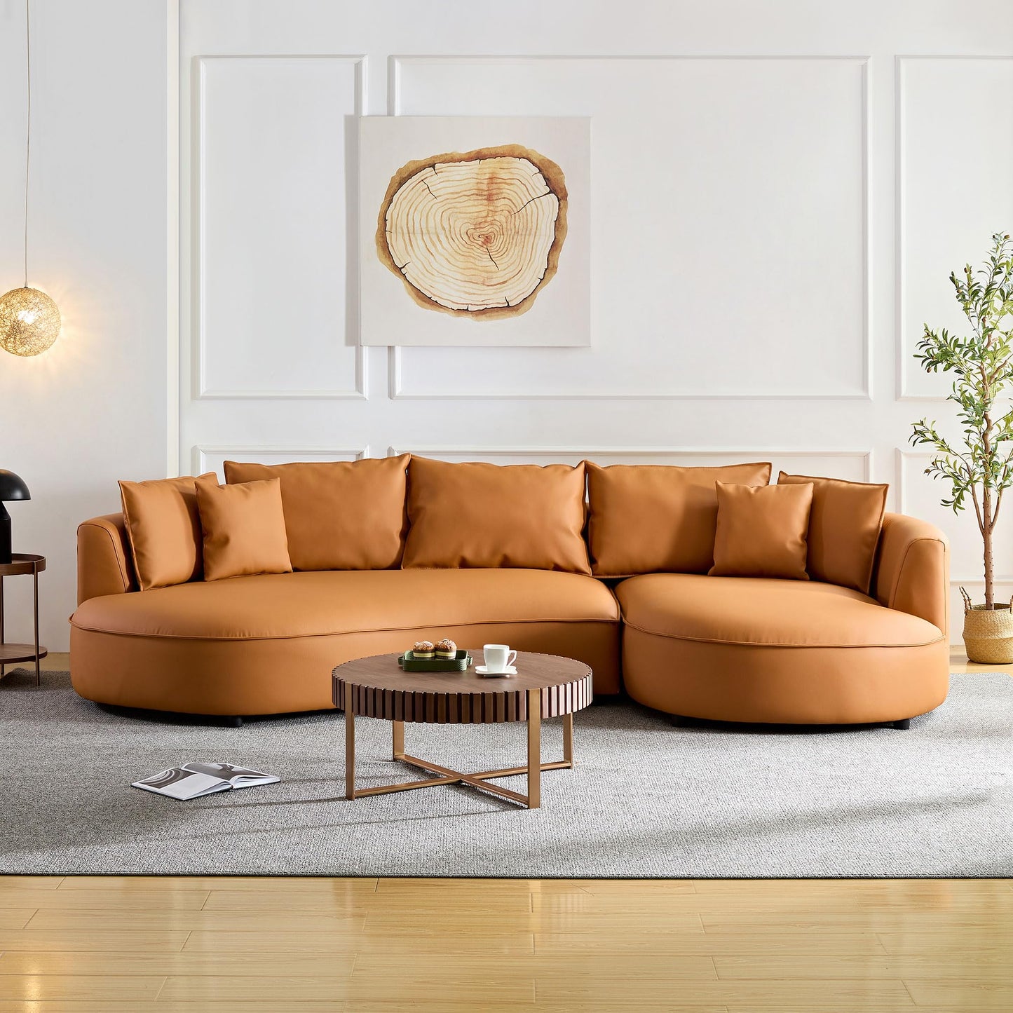 KEIKI 129" Curved Oversized Modular Bonded Leather Sectional Sofa with Right Chaise, 4 Pillows, 3 Back Cushion, Modern Comfy 5-Seater Couch, Easy Assembly, for Apartment, Living Room, Orange