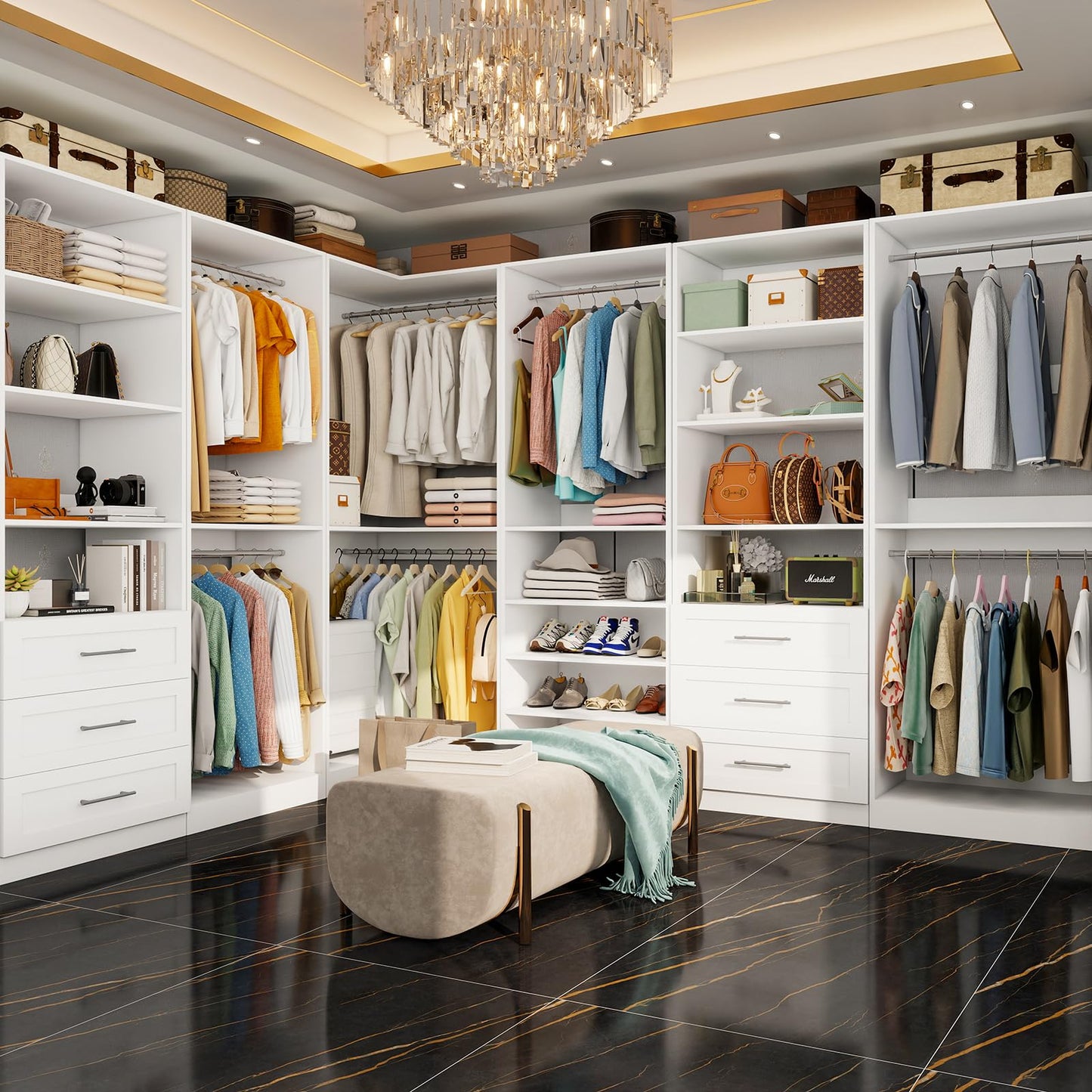 Sokiche Closet Organizer System of 4 Sets with 3 Drawers, 9 Hanging Rods & 8 Shelves, 157" Walk in Closet System, Corner Closet Organizer, Modular Standalone Closet, White