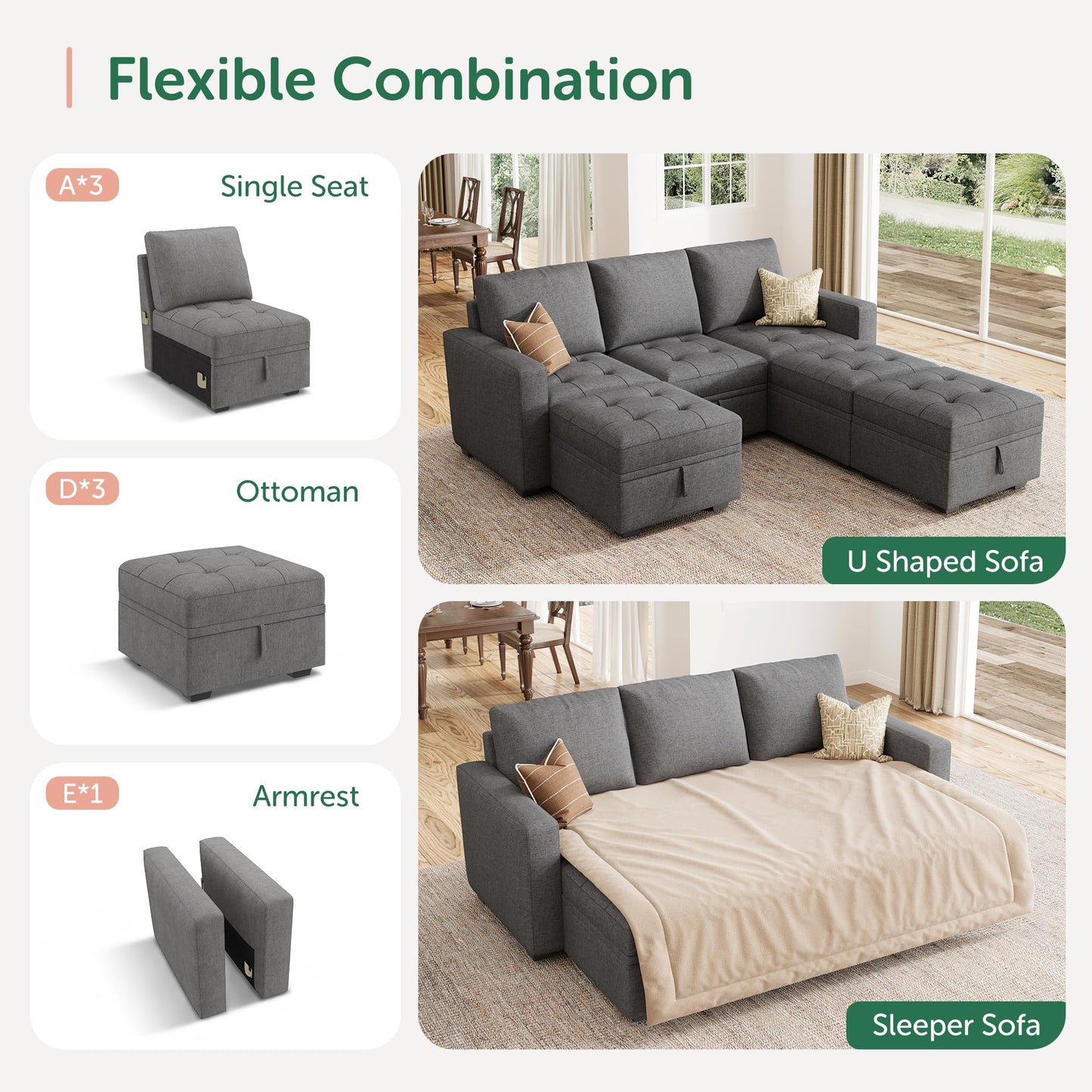 HONBAY Modular Sectional Couch Sleeper Sofa Bed with Storage Seats Oversized Sectional Couches for Living Room,Grey