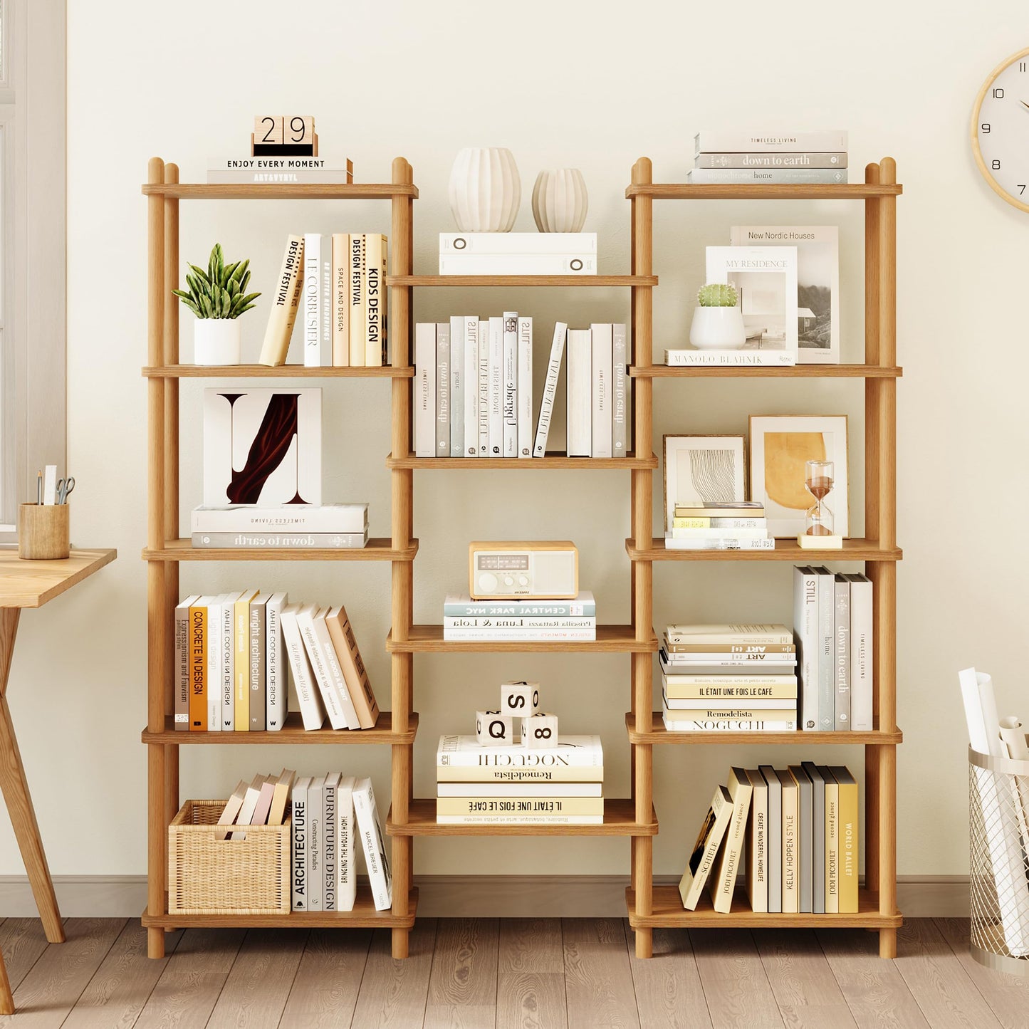 IOTXY Wooden Triple Wide Bookshelf - 5-Tier Large Shelf Bookcase with Solid Beech Frame, Tall Freestanding Open Etagere Display Rack for Home Office, Oak