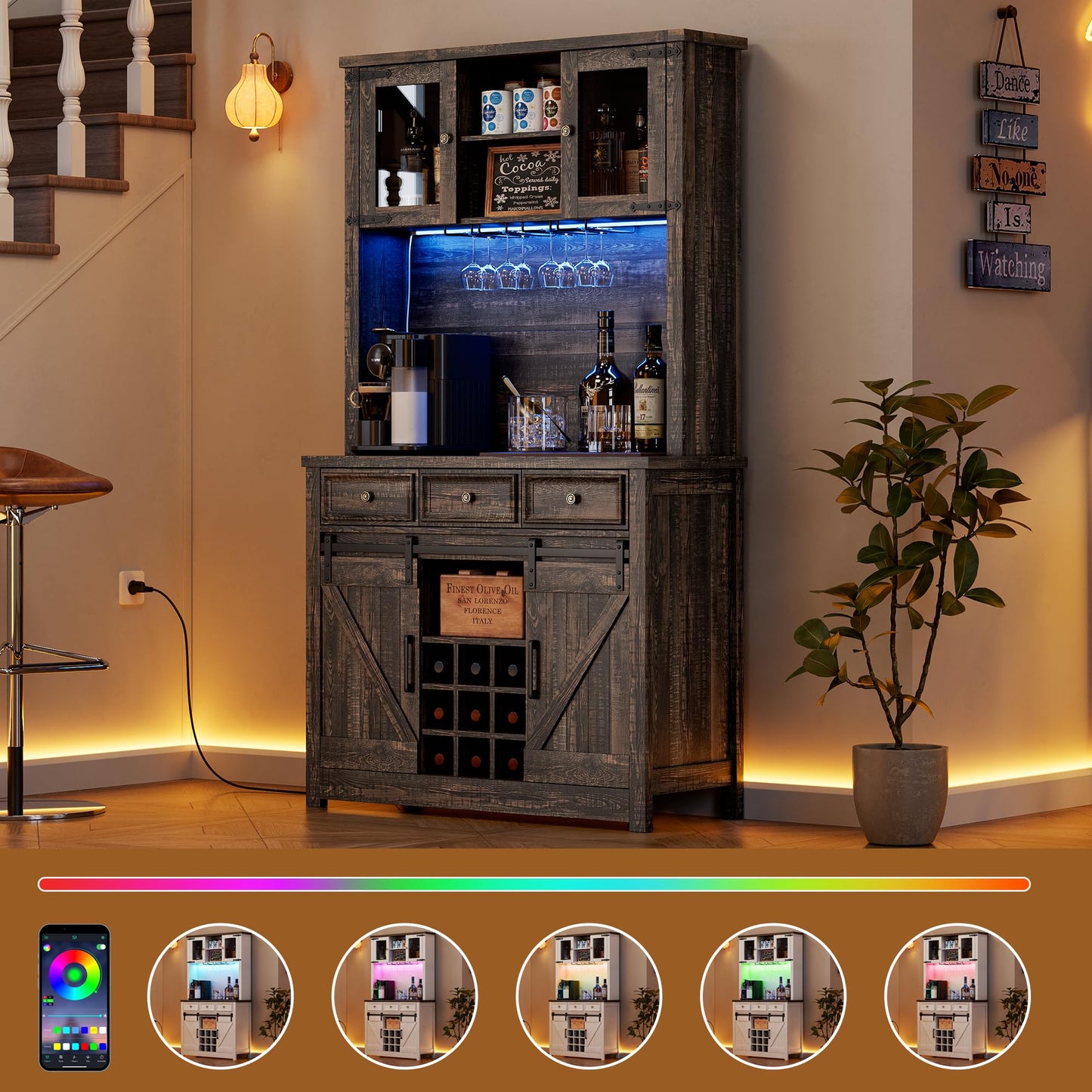 IDEALHOUSE 72" Modern Farmhouse Coffee Bar Cabinet with LED Lights & Power Outlets, Sliding Barn Doors, Rustic Dark Oak Kitchen Buffet with Wine Storage, Ample Storage for Home Bar, Microwave