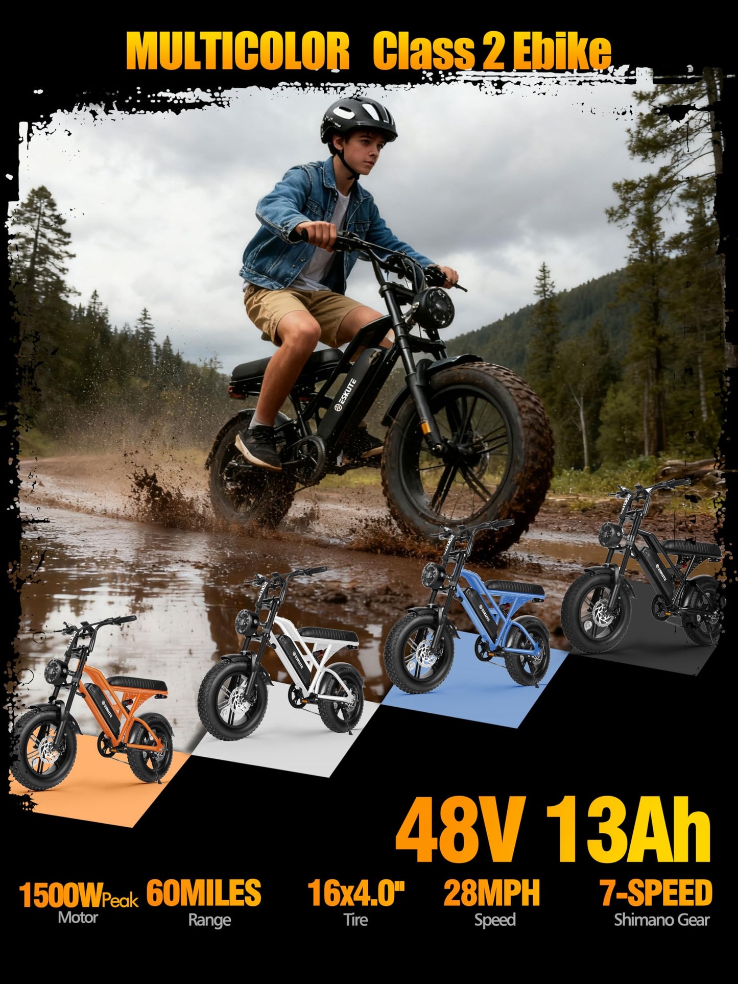 ESKUTE V100 Electric Bike for Adults, Electric Dirt Bike 1500W Peak Motor, All Terrain Dual Suspension E Bike 20+MPH Top Speed, Ebike Up to 60 Miles Range, 16" Fat Tire, 48V13Ah Battery, 7-Speed,BKOR
