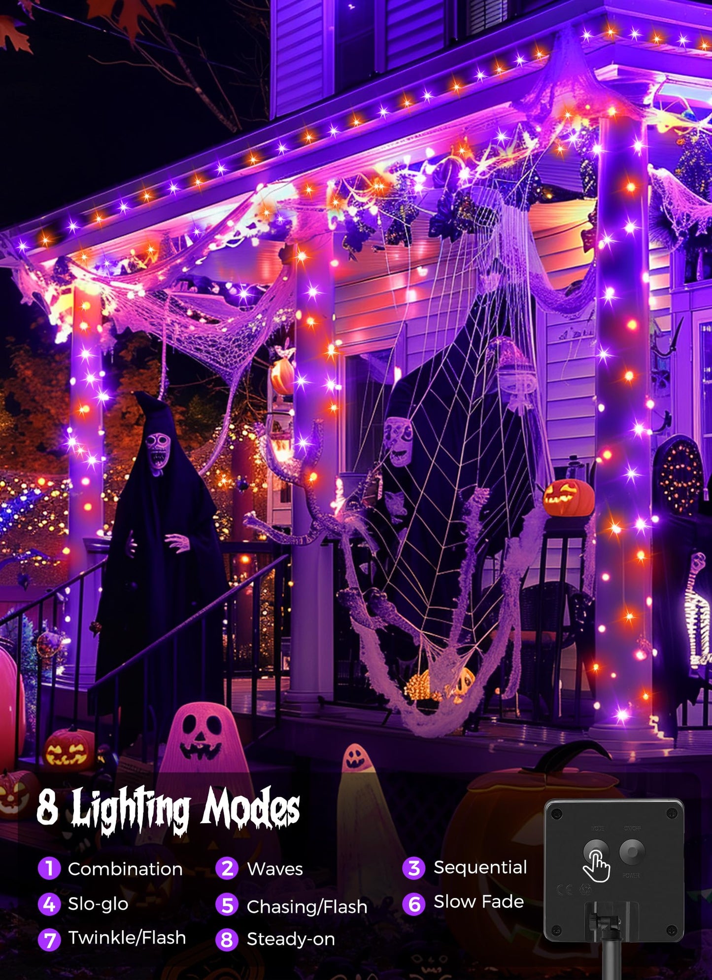 Minetom Halloween Solar String Lights - 400 LED, 8 Lighting Modes, IP65 Waterproof, 40 FT 4 Pack, Orange and Purple