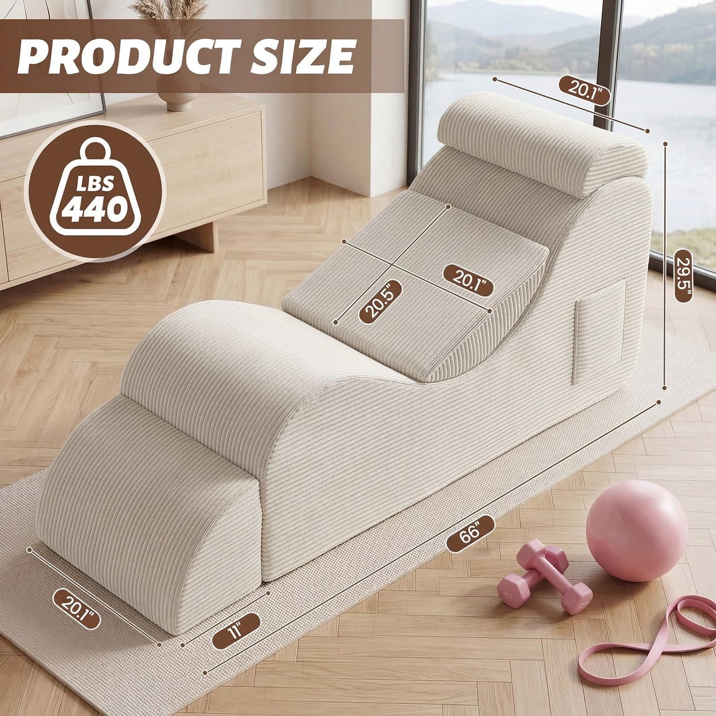 Yoga Chair Lounge for Adult, Ergonomic Foam Chaise Lounge Chair Indoor with Side Pocket, Headrest, Waist Pad, Ottoman, Perfect for Stretching, Massage, and Relaxation, No Assembly Required(Beige)