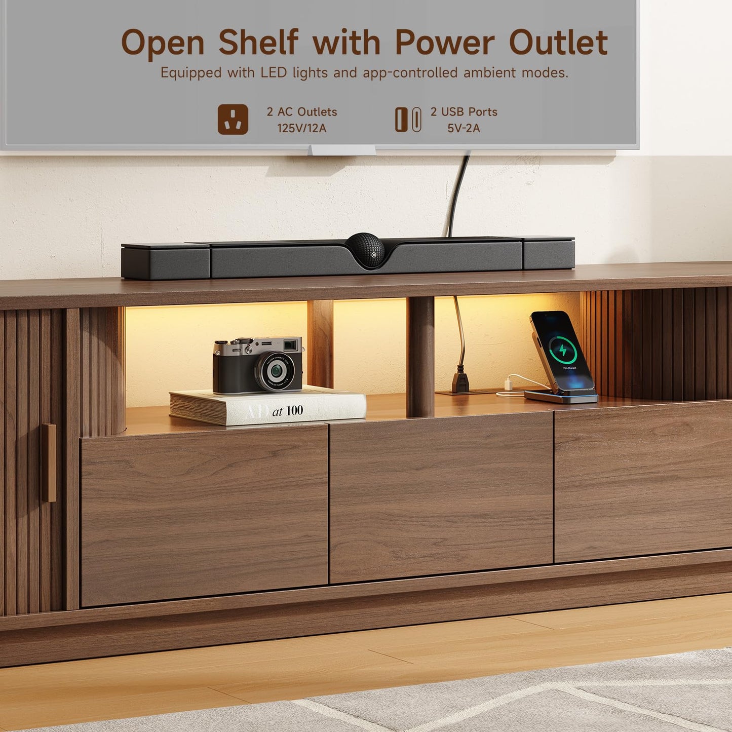 ONBRILL 71" TV Stand with Power Outlet and Led Lights for TVs up to 85", Entertainment Center with 3 Drawers and 1 Open Shelf, Mid-Century Modern TV Console with Sliding Door for Living Room, Walnut