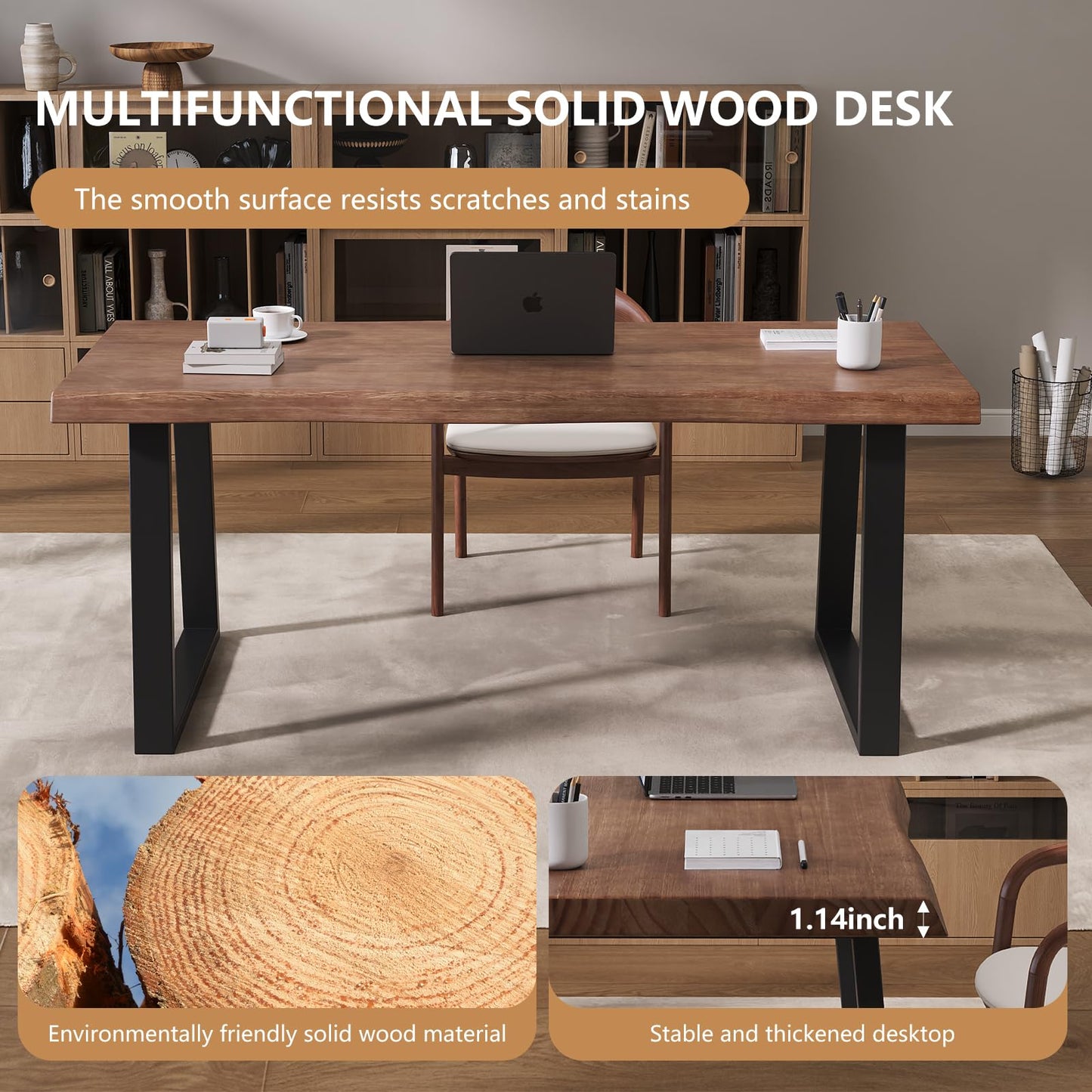 Pine computer desk, modern solid wood home office desk, long rural farmhouse pine dining table, administrative workstation computer desk, suitable for living room and dining room (63inch)
