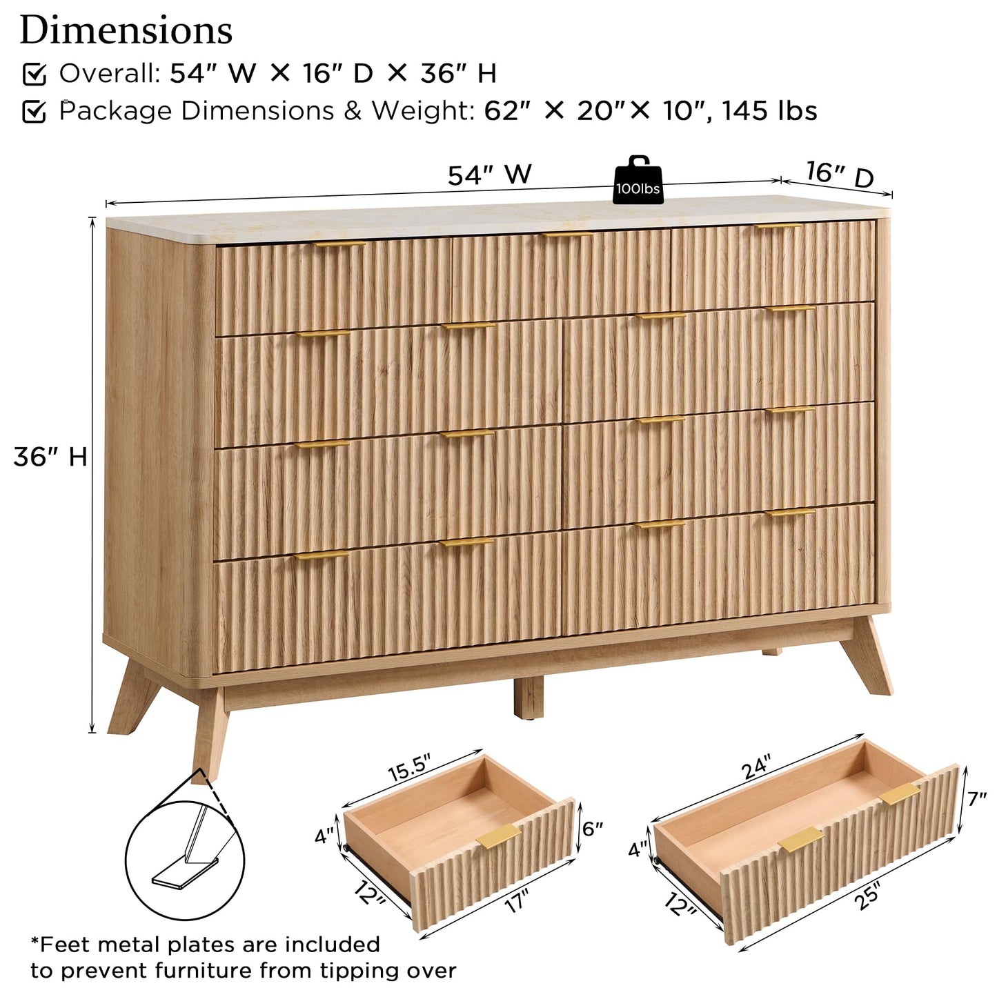 T4TREAM Fluted 9 Drawer Dresser, Modern Chest of Drawers with Faux Marble Top, Curved Profile Design, Dresser TV Stand, Wood Drawer Organizer for Bedroom, Living Room, Hallway, Natural Oak