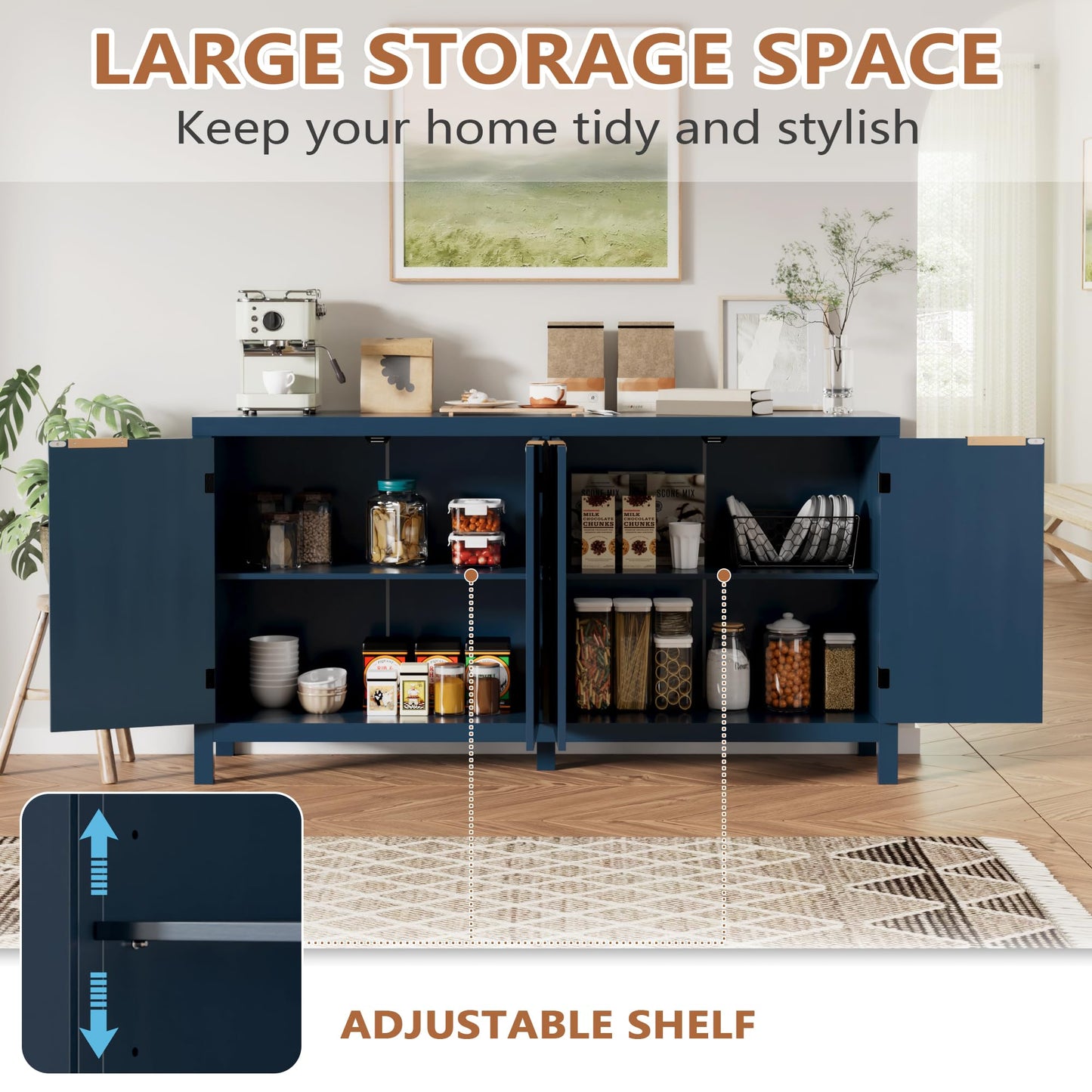 Fluted Sideboard Buffet Cabinet with Storage, 58" Mid Century Modern Accent Cabinet with Arch Doors, Large Wood Media TV Console Table Credenza for Dining Room, Kitchen, Living Room Entryway, Blue