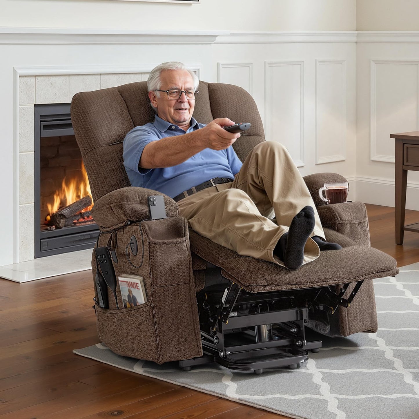 VEVOR Large Power Lift Recliner Chair, Dual Motor Lift Chair with Heat and Massage for Elderly, Position Adjustable with Side and Front Pockets, Cup Holders, Velvet Fabric, Brown