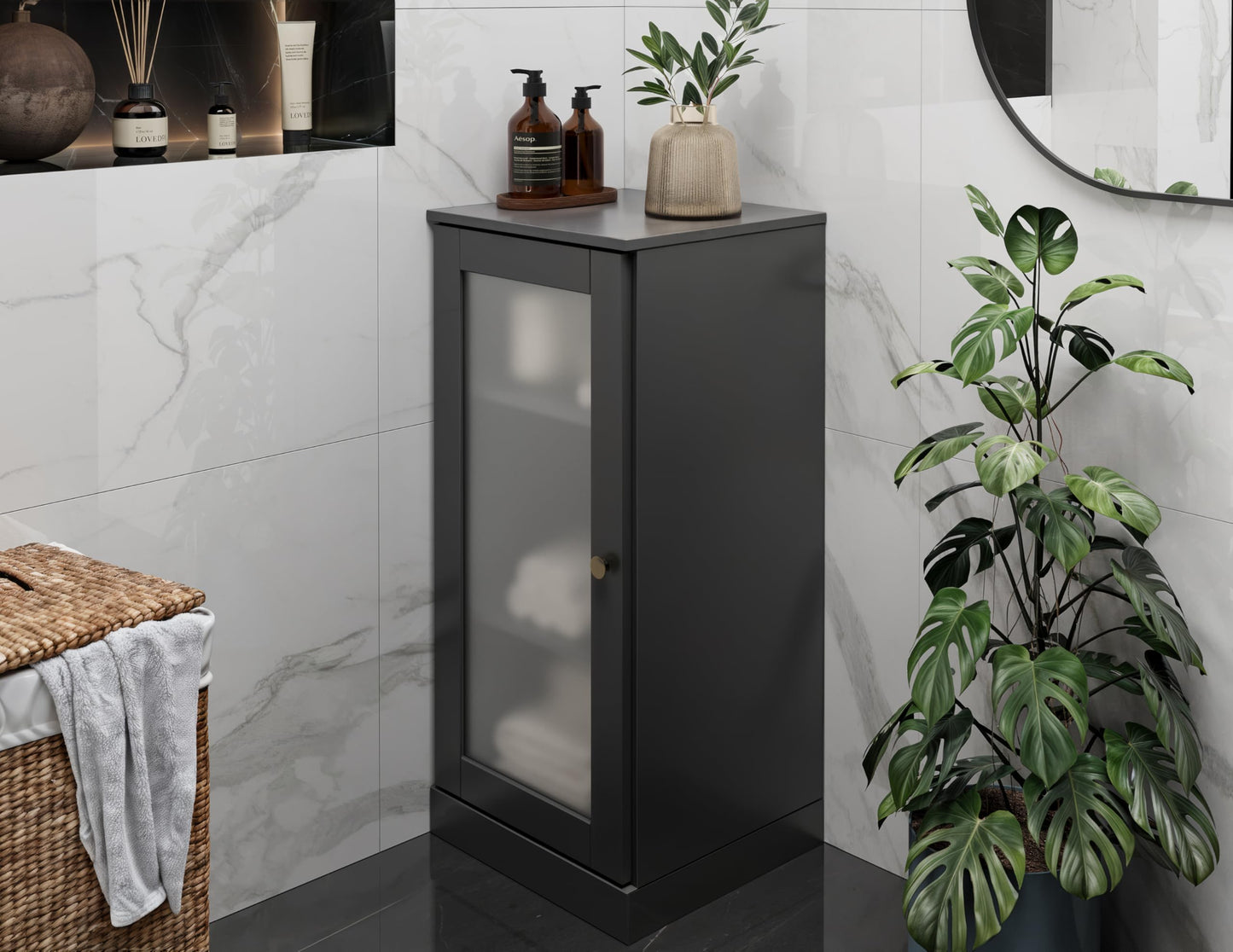 Palace Imports 100% Solid Wood Bathroom Cabinet, Frosted Door, Black, 16.5" w x 35.75" h x 15.5" d, Renewable Eco-Friendly Wood, Made in Brazil