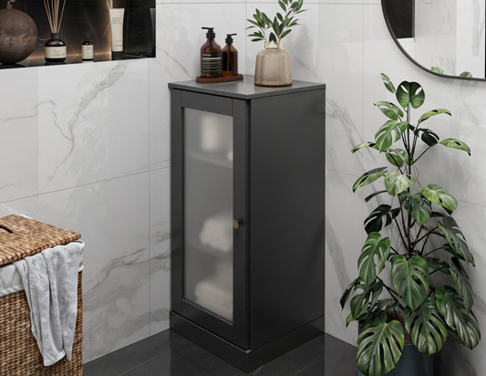 Palace Imports 100% Solid Wood Bathroom Cabinet, Frosted Door, Black, 16.5" w x 35.75" h x 15.5" d, Renewable Eco-Friendly Wood, Made in Brazil