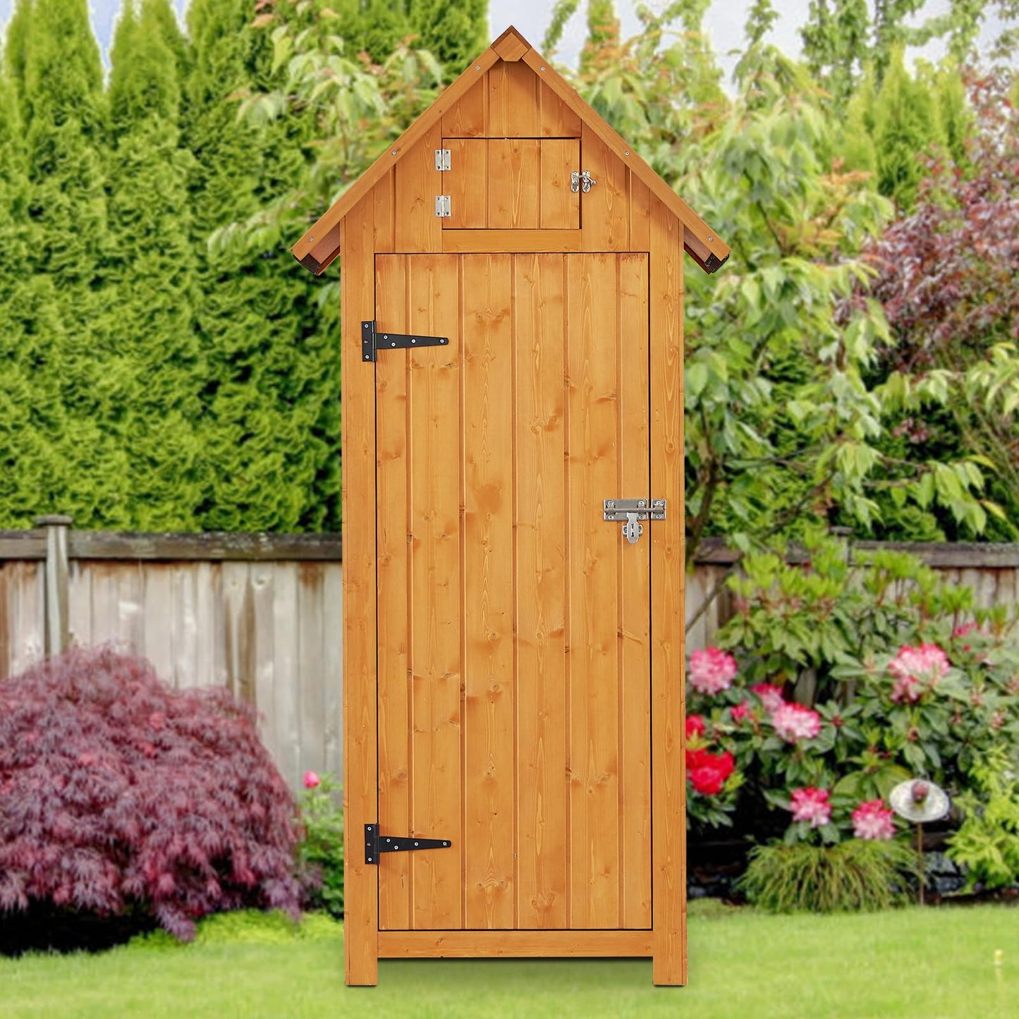 FairOnly Outdoor Shed Storage Cabinet, Garden Wooden Sheds, Outside Storage Cabinet Weather Proof with Floor, Fir Wood Tool Organizer with Door and Shelves for Backyard, Hallway (Natural)