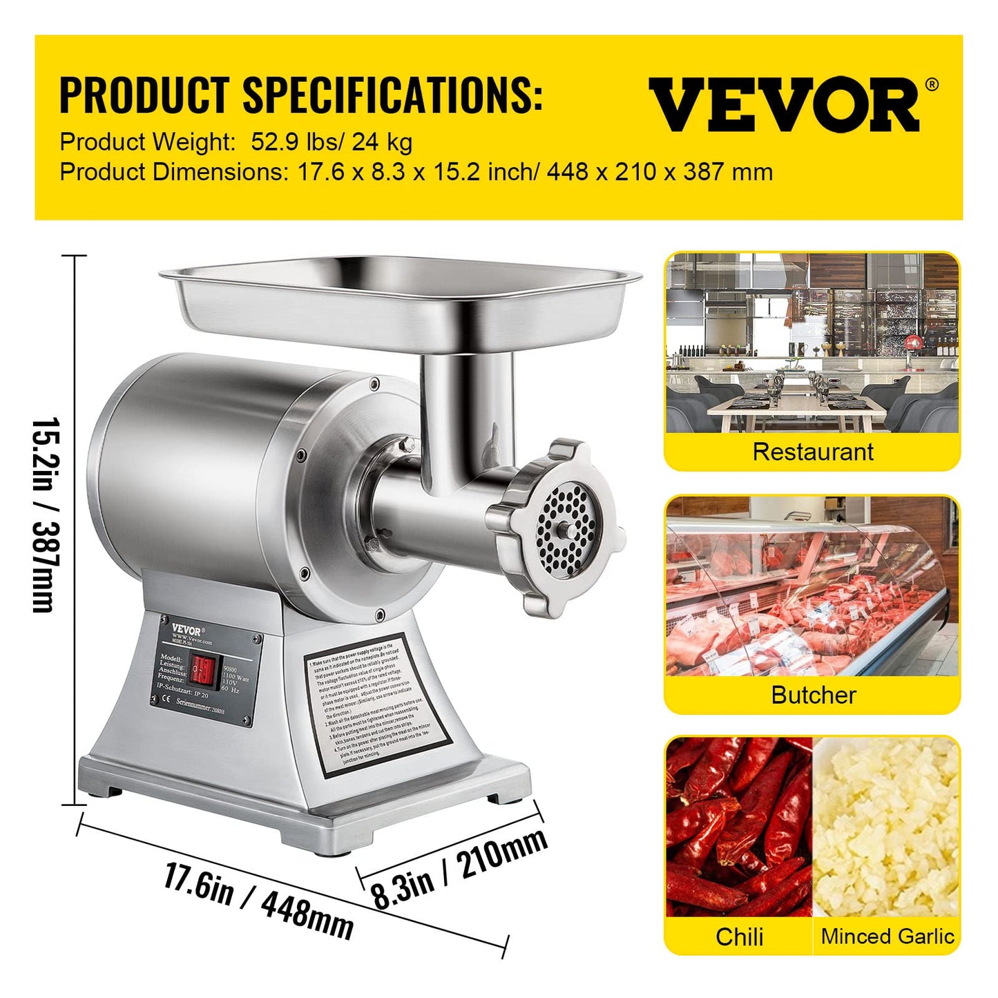 VEVOR Commercial Meat Grinder, 550LB/h 1100W Electric Meat Mincer, ETL Approved Heavy Duty Industrial Meat Mincer Machine