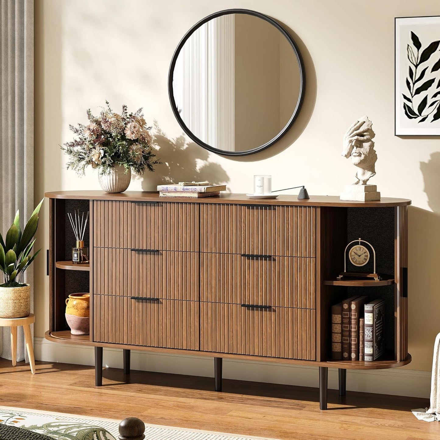 BVIUNTWO 63" Wide Fluted 6 Drawer Dresser for Bedroom, Modern Wood Chest of Drawers with Metal Handles, Curved Edge Design, Large Storage Credenza Cabinet for Living Room, Hallway, Brown