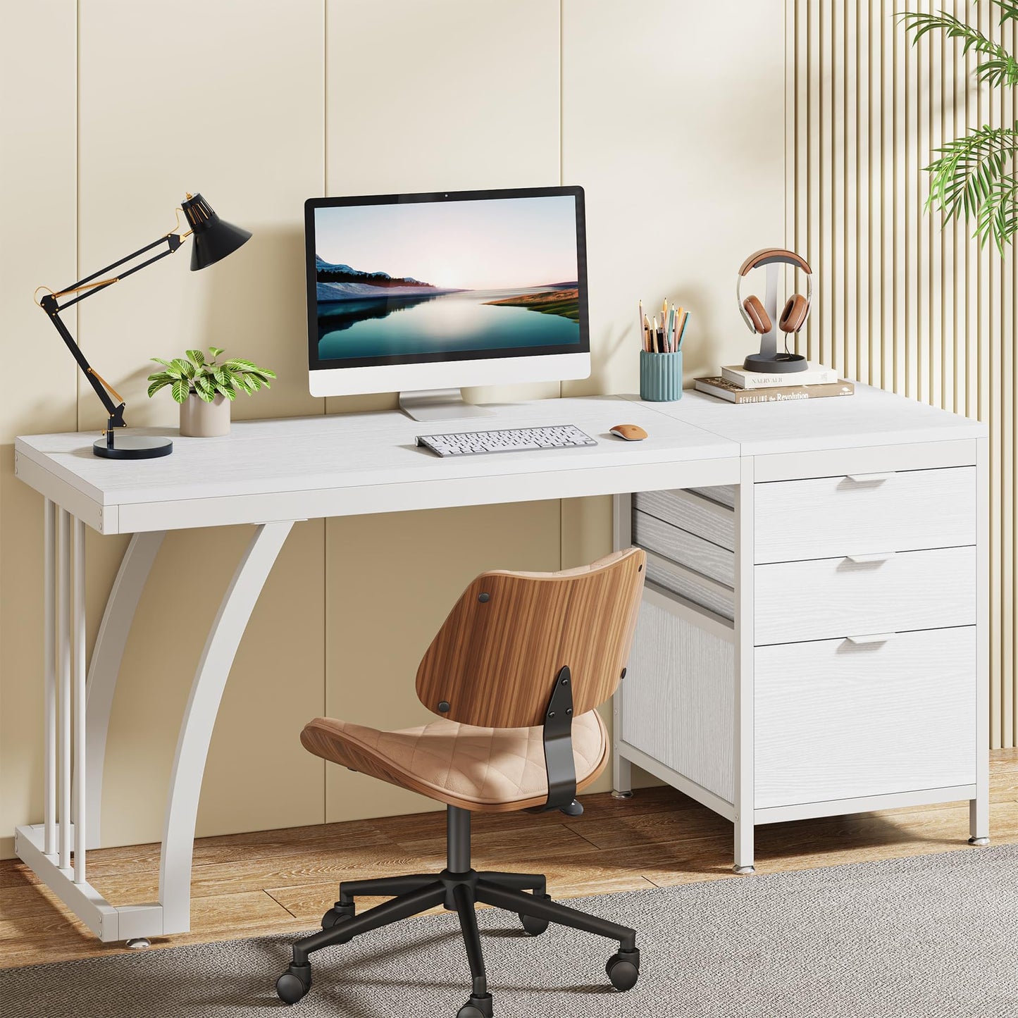 Tribesigns Computer Desk with 3 Drawers, 59-Inch PC Desk with Reversible Drawers, Industrial Study Writing Table Workstation with File Storage for Home Office, White