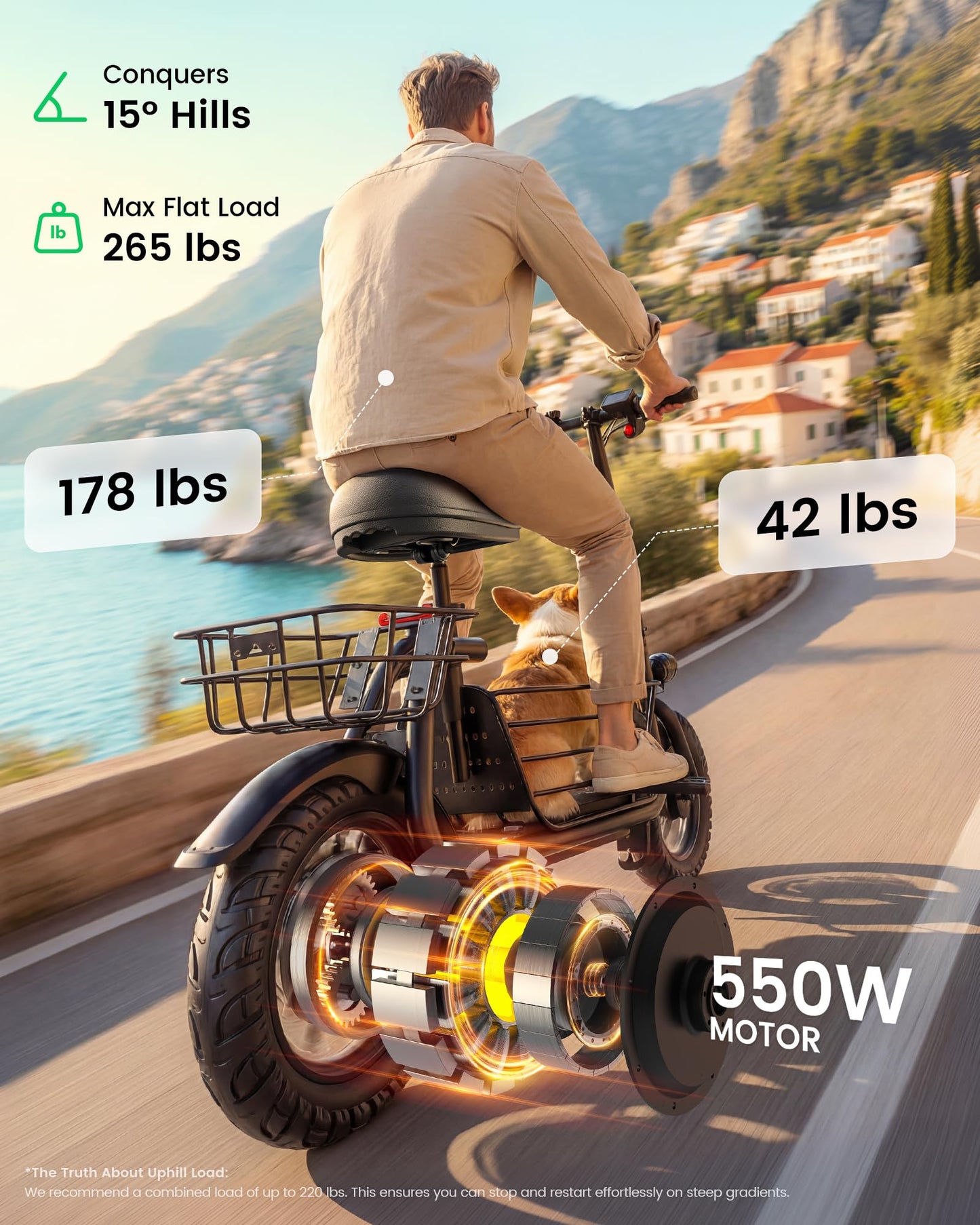 Gyroor C1S Electric Scooter with Seat for Adults - 550W Motor, Pet Basket, 19 MPH Top Speed, 20 Miles Range, 12" Pneumatic Tires, Foldable Commuting Scooter, Black