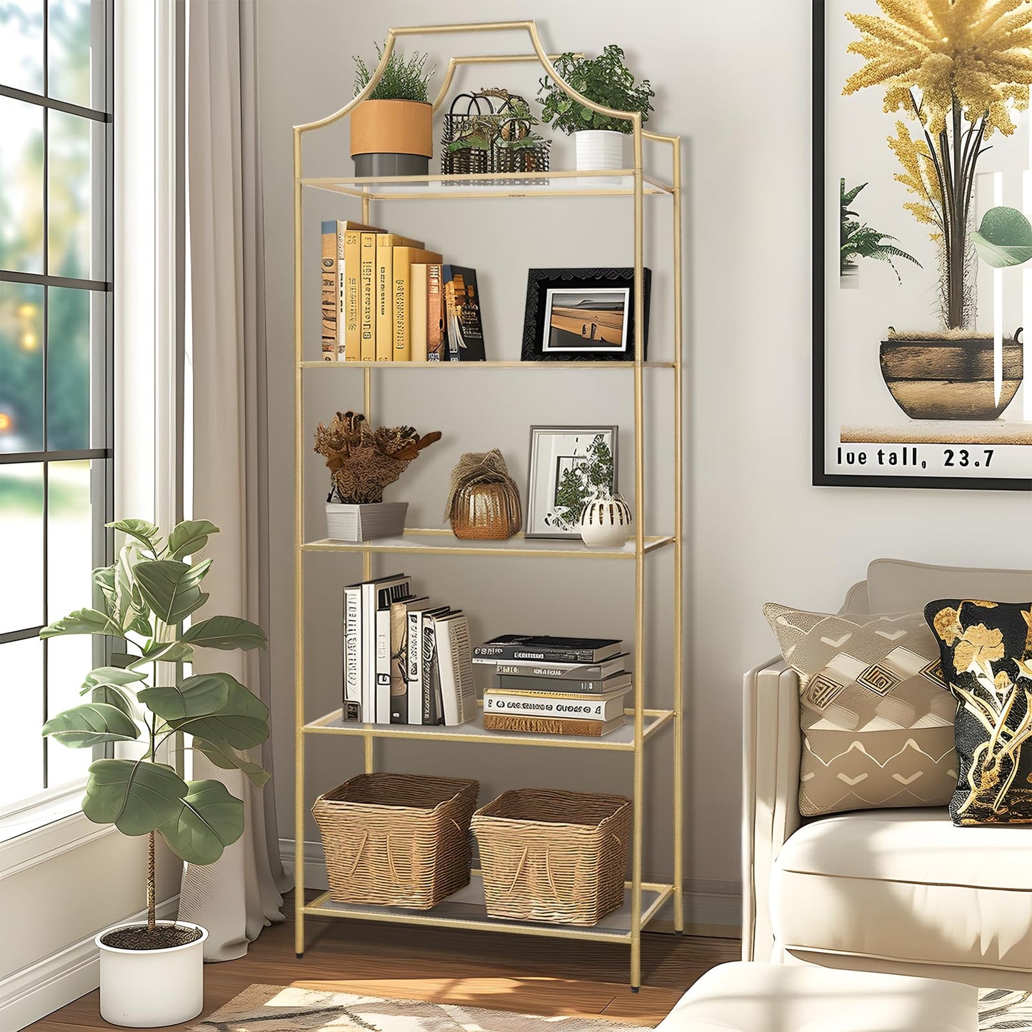 GIFTTROVE 5 Tier Bookshelf, Metal Book Shelf for Storage, Tall Storage Display Bookcase, Modern Open Book Case for Bedroom, Living Room, Glass Office Organization Shelf, 66.3" X 26" X 13"