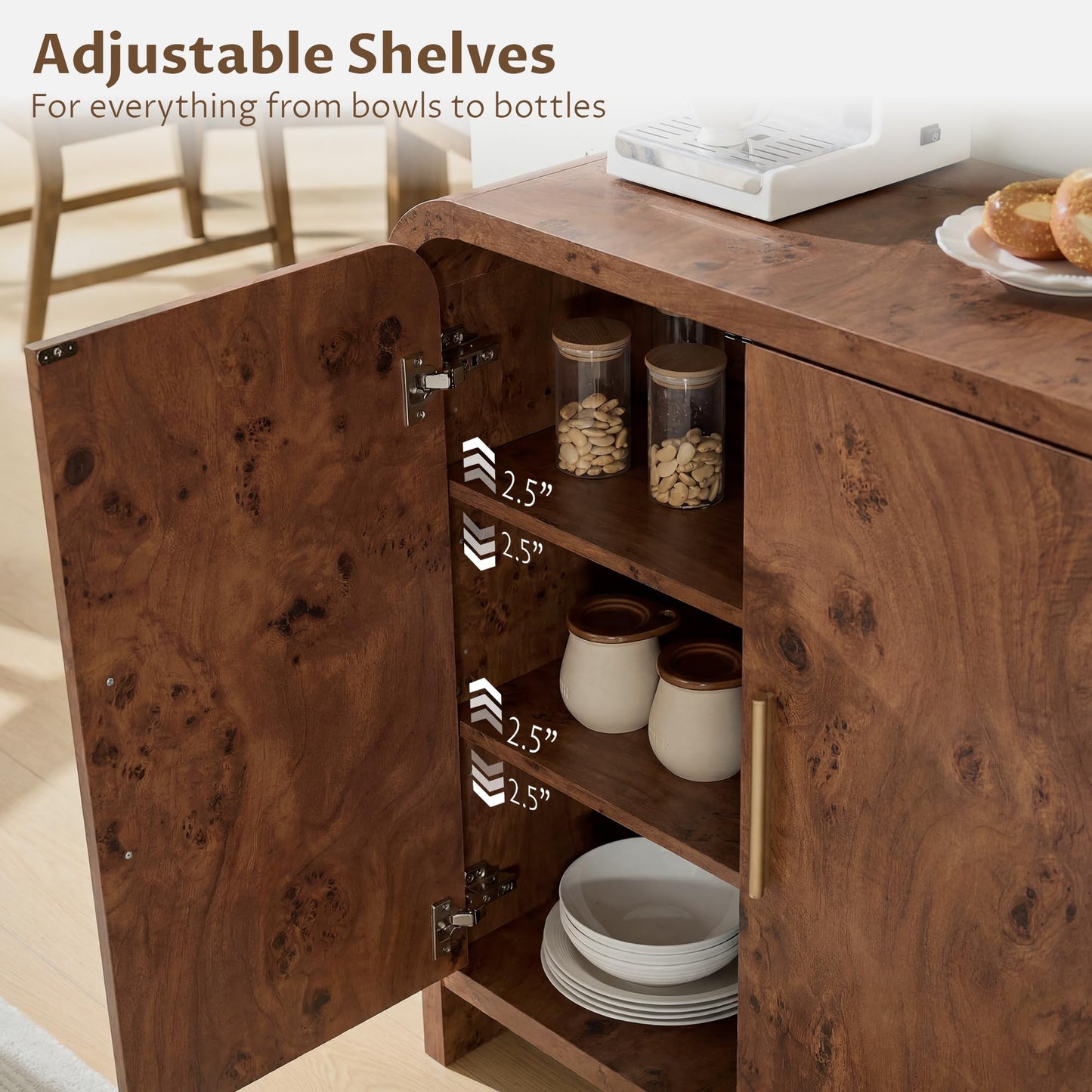 Fantaxia Sideboard Buffet Cabinet, Buffet Cabinet with Storage and 2 Adjustable Shelves, Sideboard Credenza Cabinet for Kitchen Entryway, Dark Walnut Burl